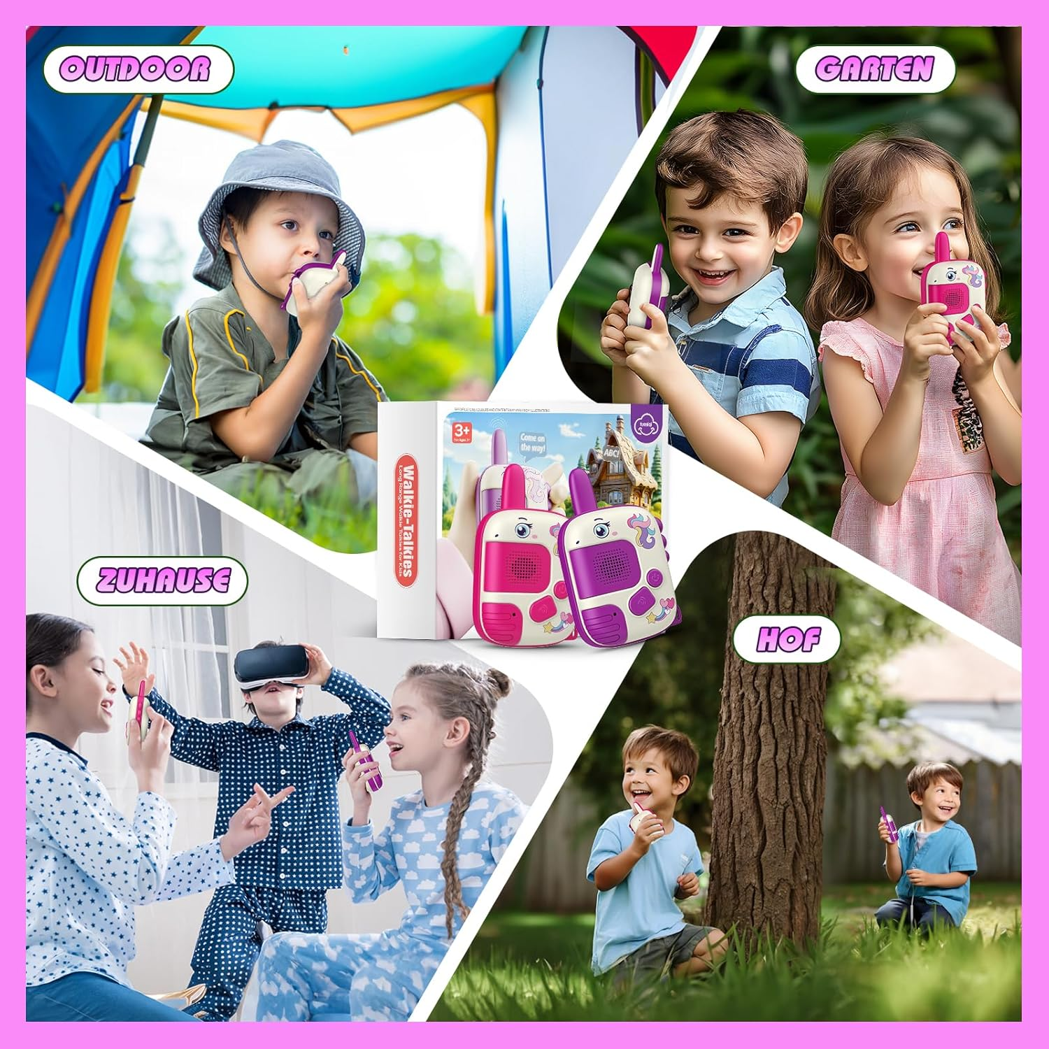 Kinder spielen mit Walkie-Talkies im Freien, drinnen und im Garten.