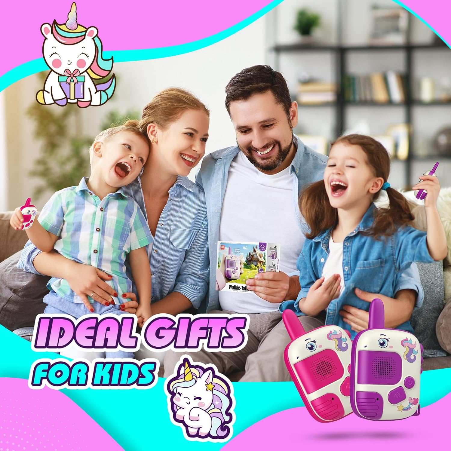 Familie mit Kindern lacht, hält Walkie-Talkies. Bunte Einhörner und Text.