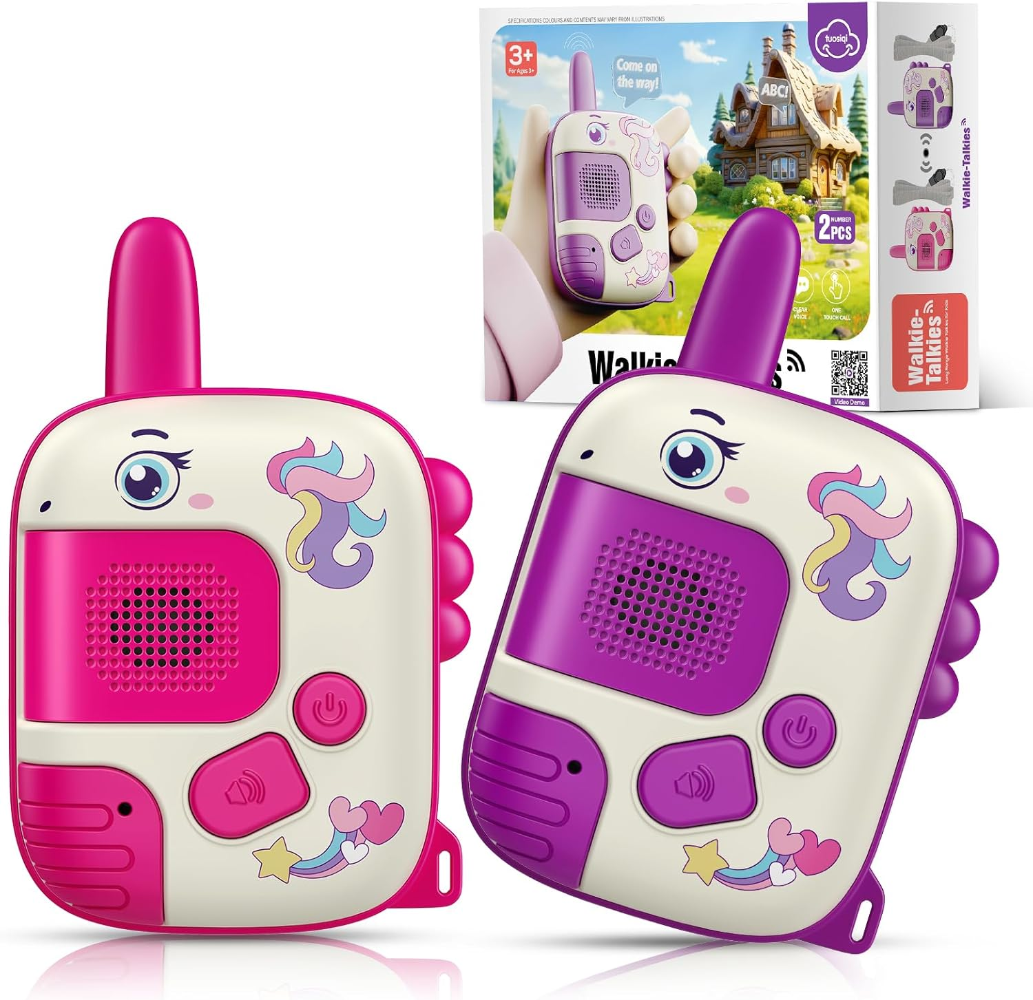 Zwei weiße und pinke Walkie-Talkies mit Einhorn-Design auf einem weißen Hintergrund.