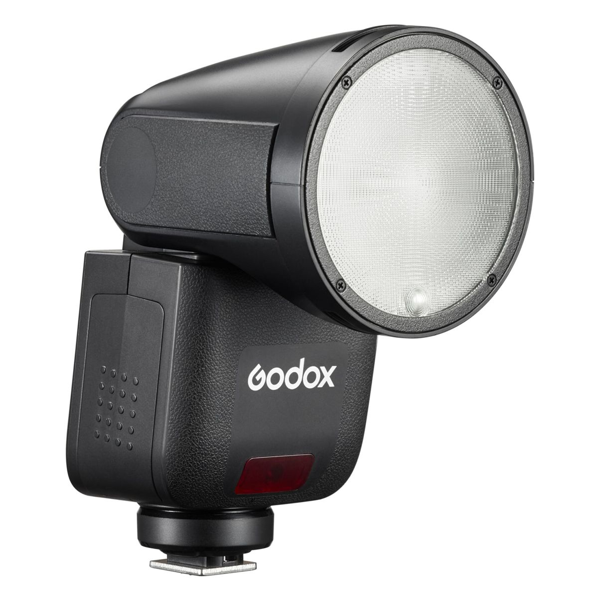 A black Godox flash head with a silver light panel, close-up view.