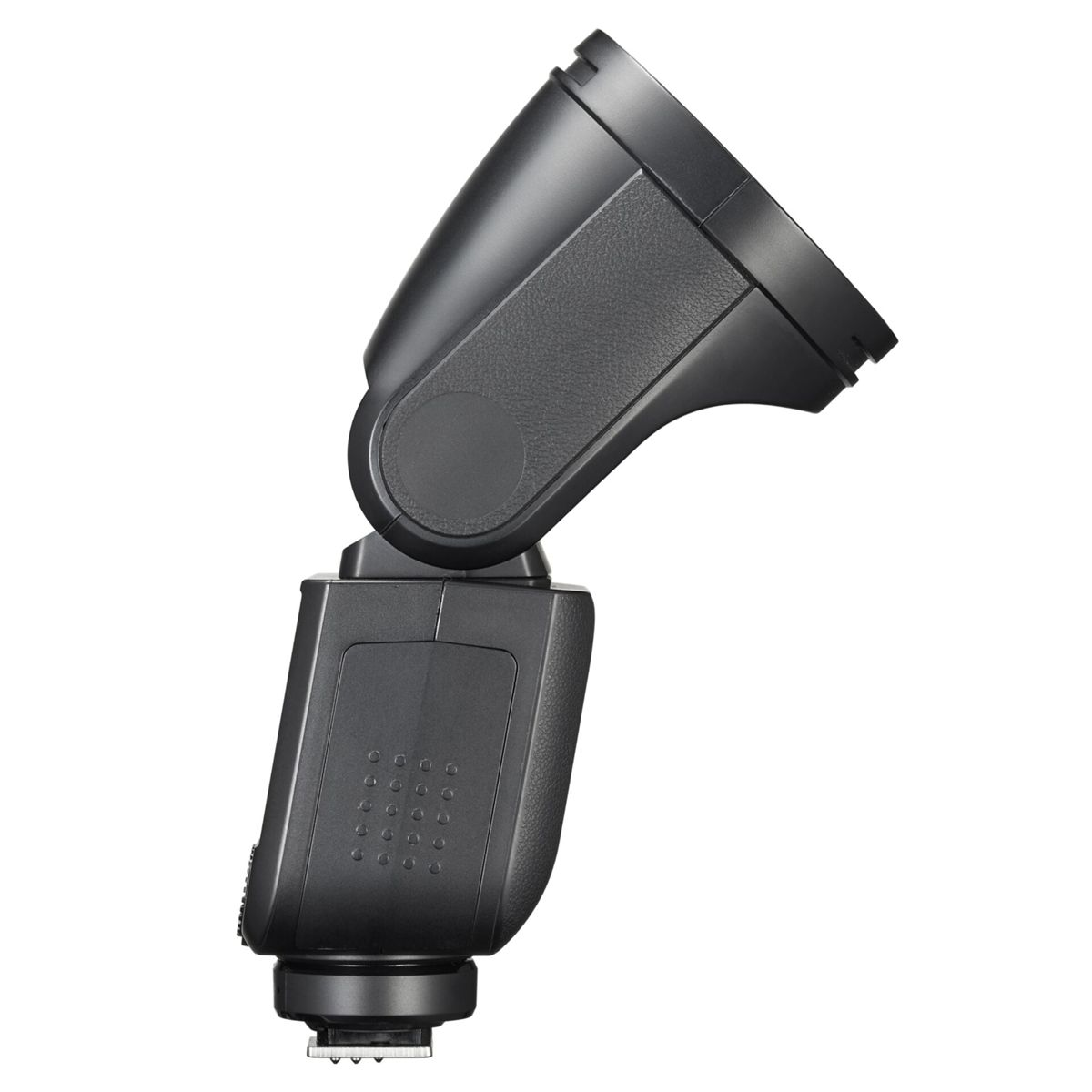 A black camera flash unit with a swiveling head, isolated on white.