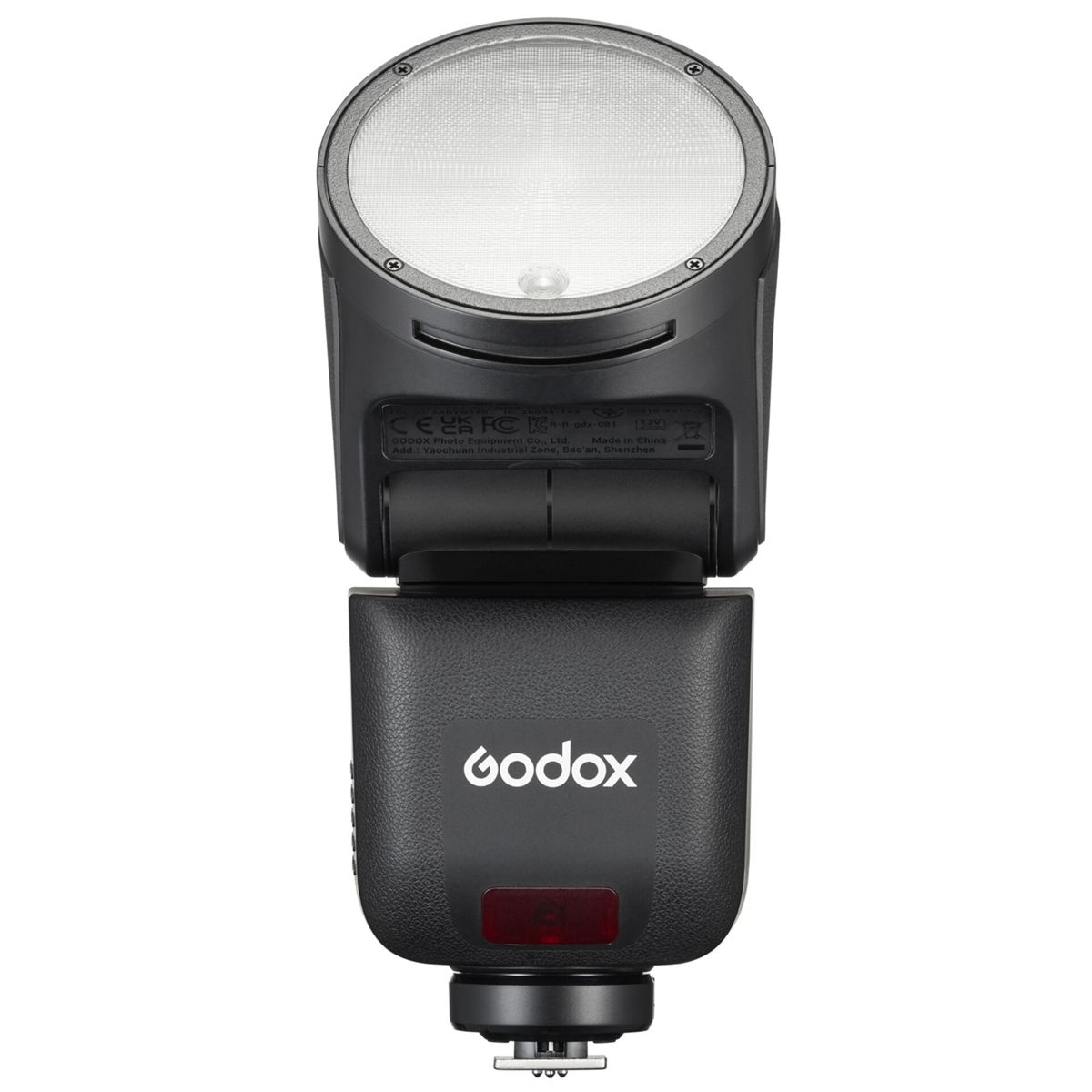 A black Godox flash unit with a round light reflector at the top.