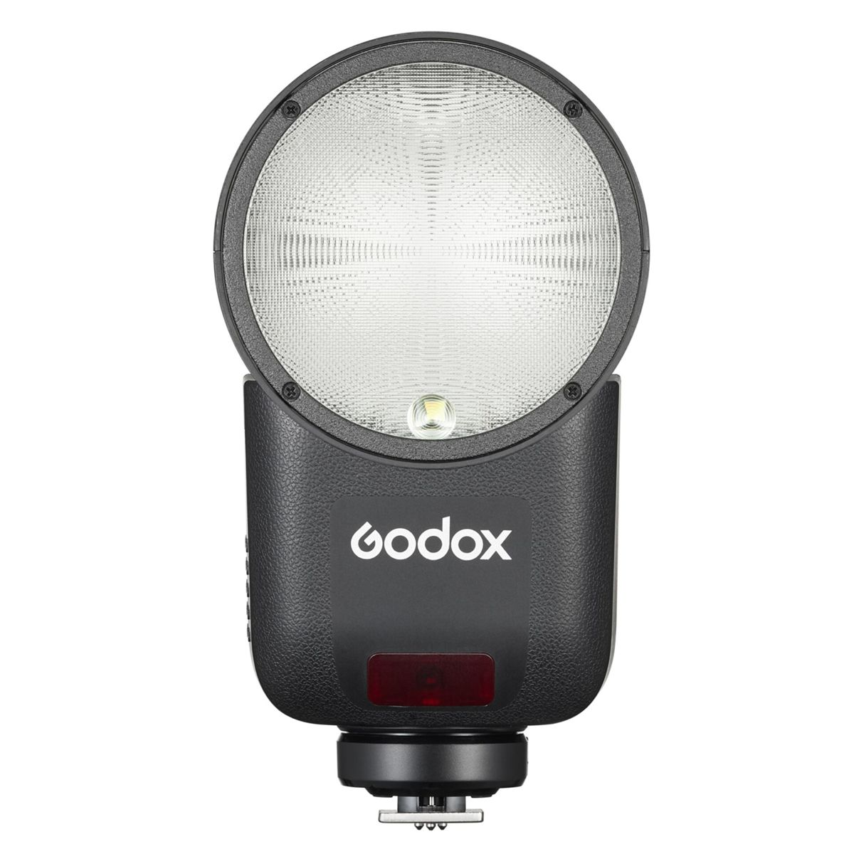 A black Godox flash head with a round, clear light cover and a small pilot light.