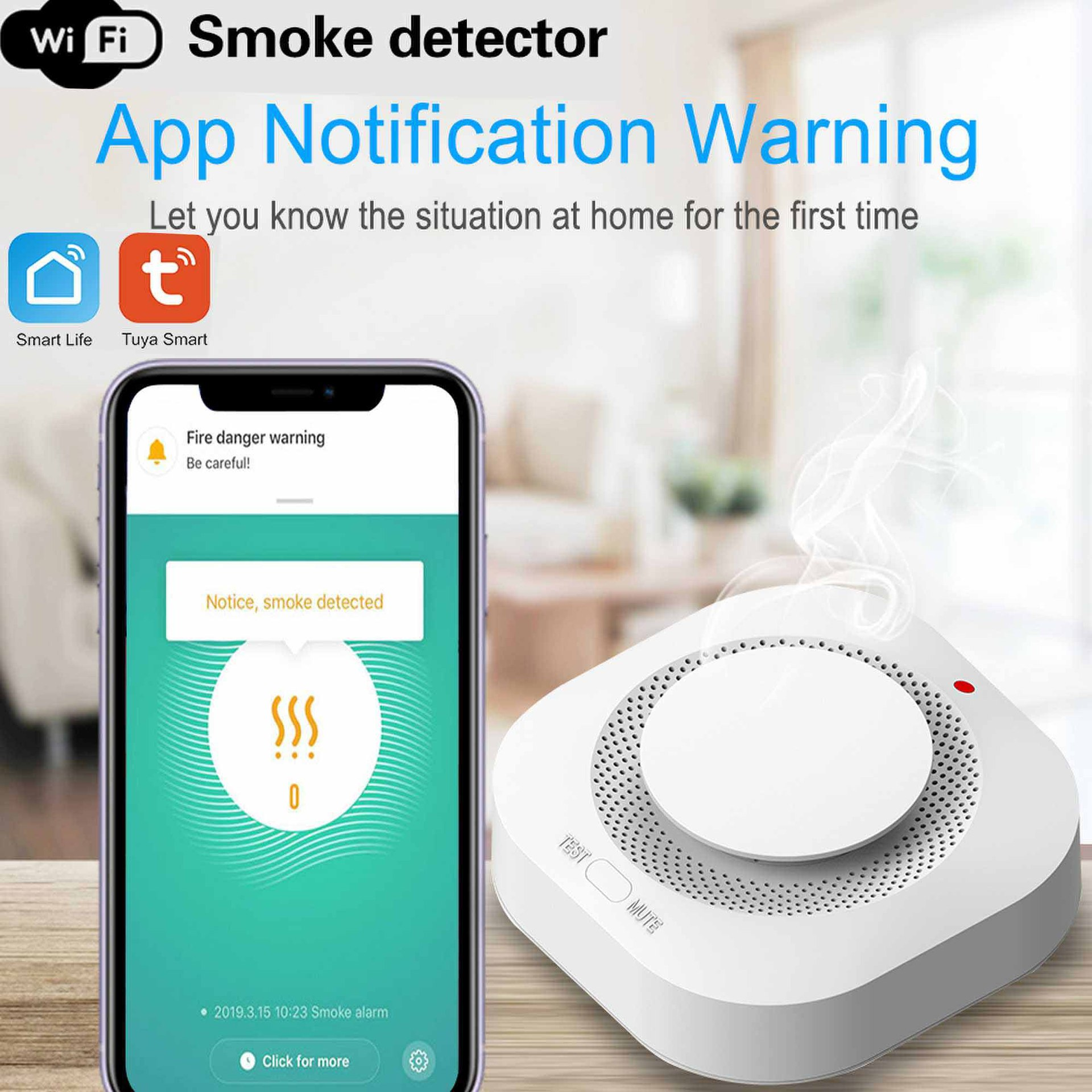 Ein weißer Rauchmelder mit einer App-Benachrichtigung auf einem Smartphone.