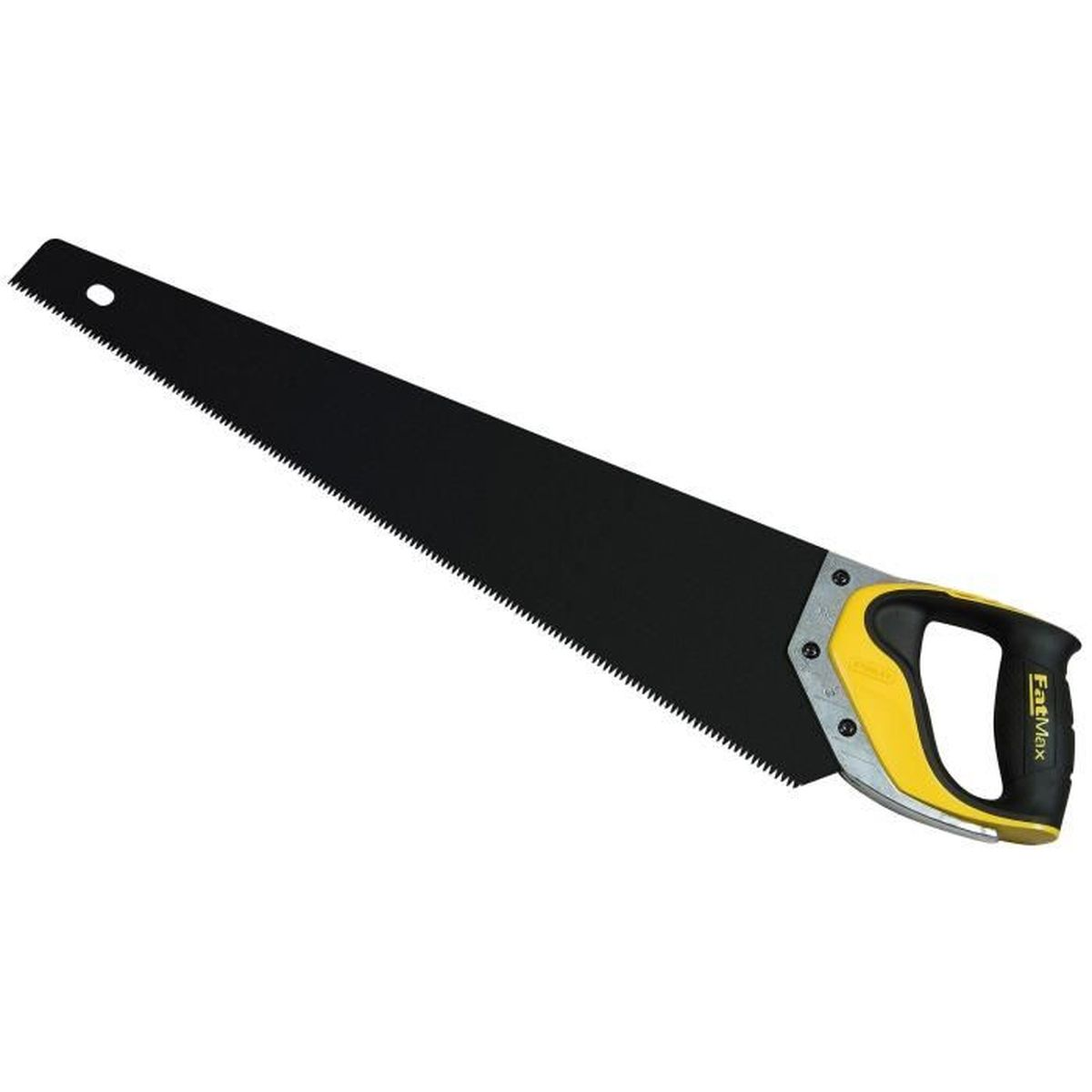 Una sega a mano nera con manico giallo e nero è posizionata diagonalmente.