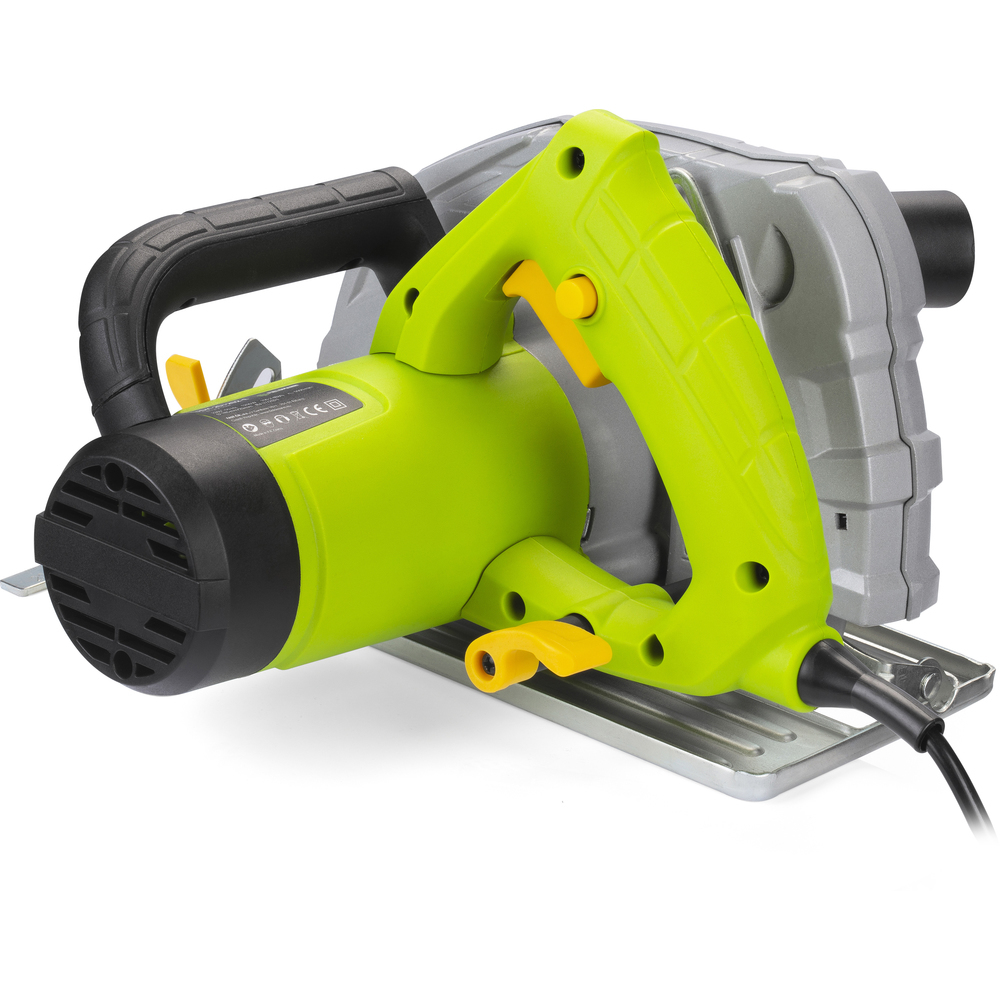 Zielona i szara piła tarczowa z czarnym uchwytem i żółtymi akcentami na białym tle.