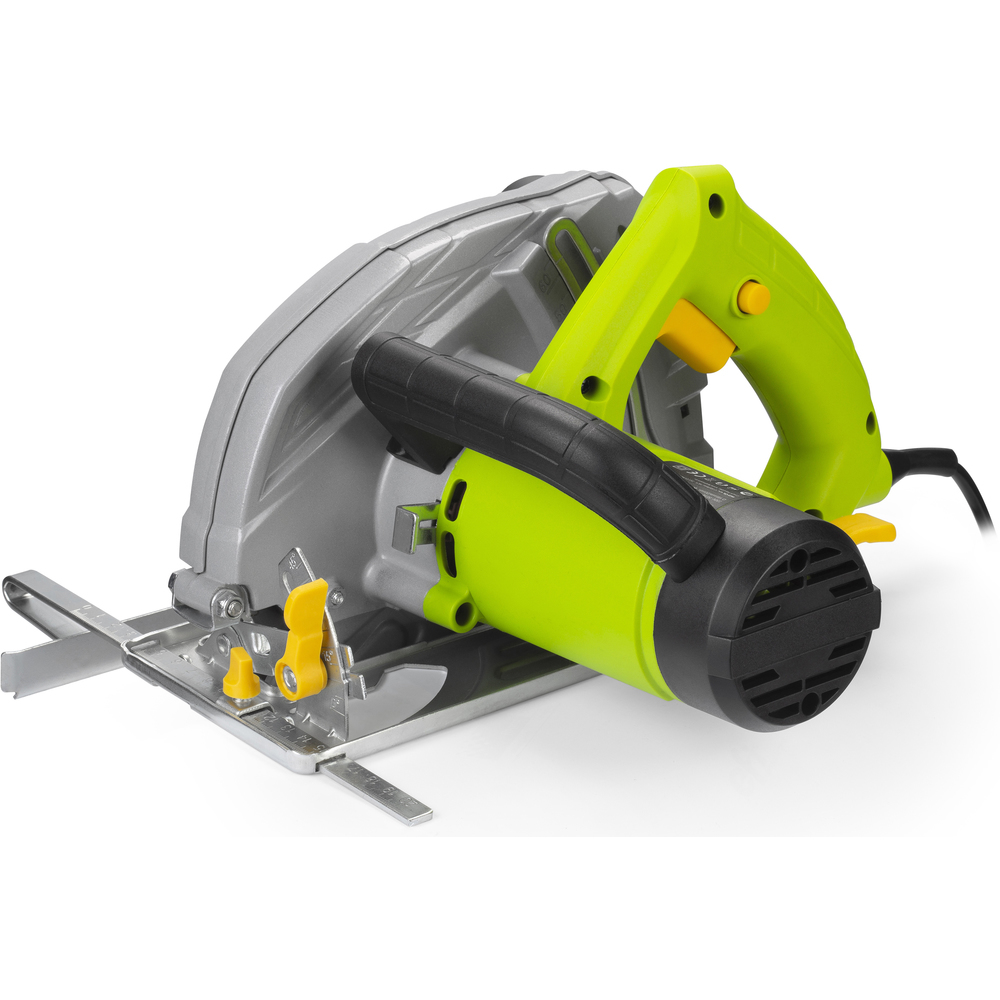 Szara piła tarczowa z zieloną rękojeścią i czarnym silnikiem.