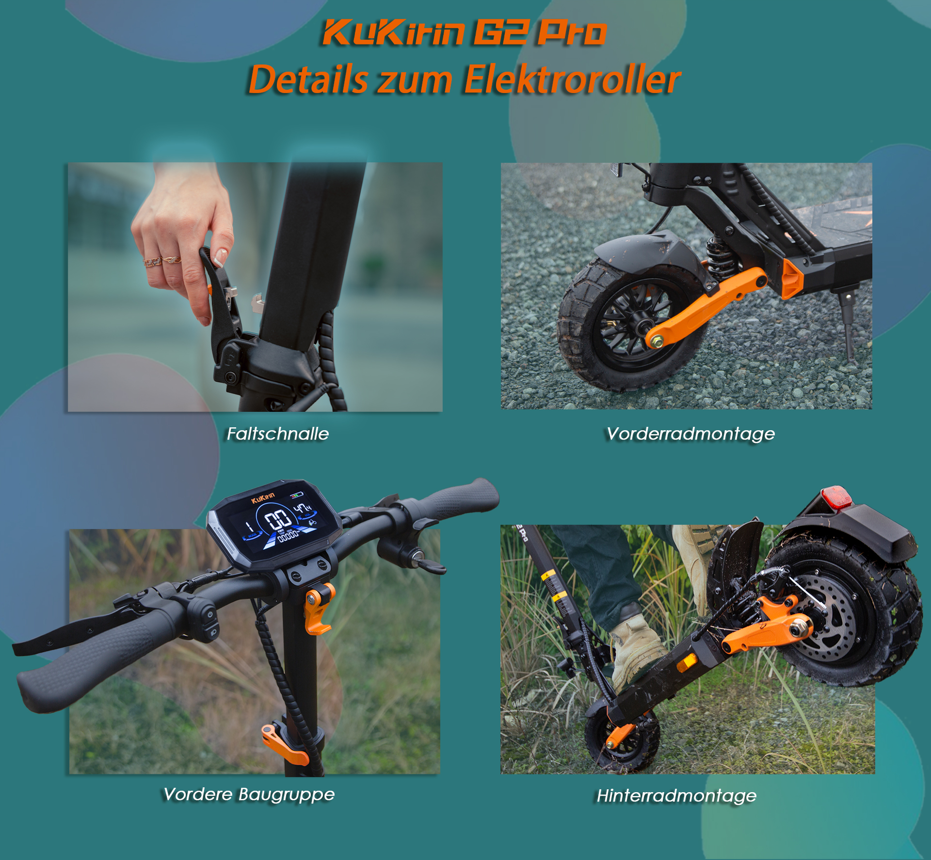 Details des KuKirin G2 Pro Elektrorollers: Faltschnalle, Vorderrad, Display und Hinterrad.