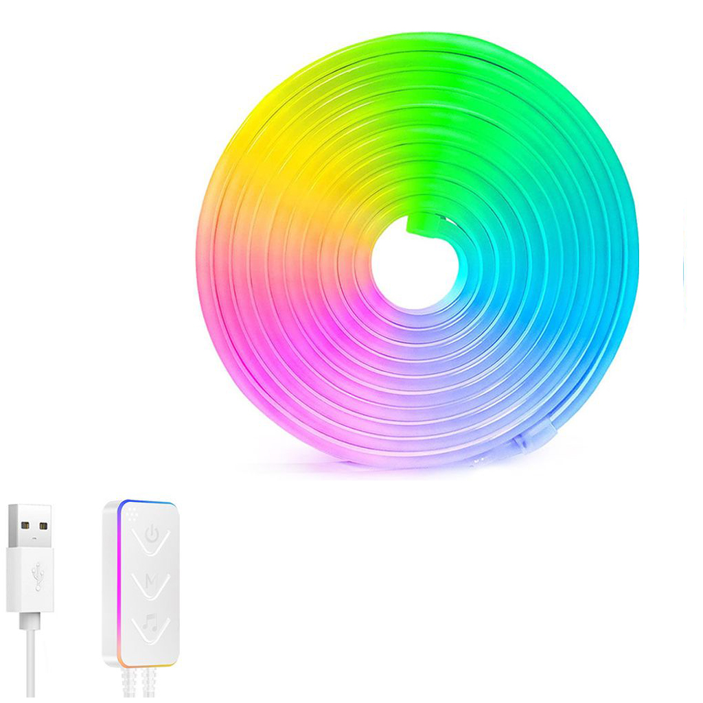 Ein zusammengerolltes, mehrfarbiges LED-Lichtband mit USB-Kabel und Fernbedienung.