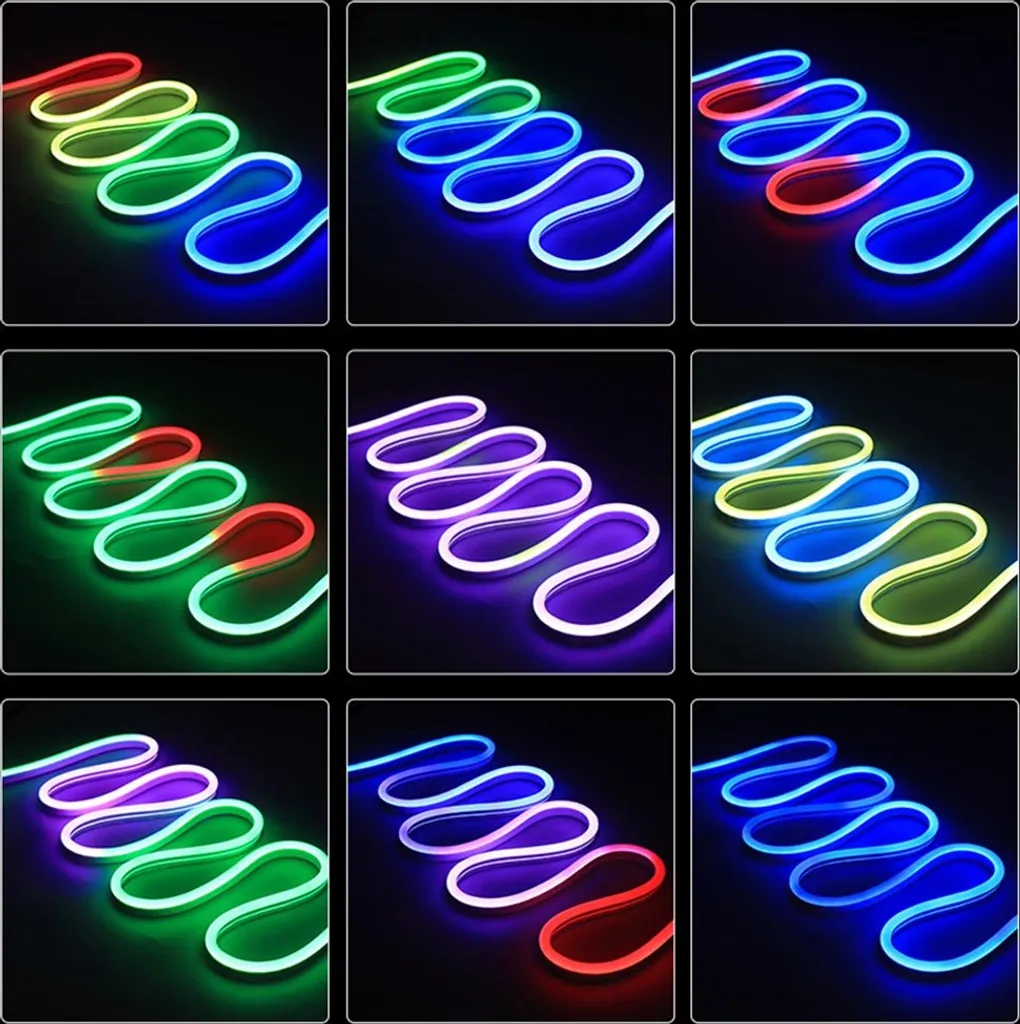 Neun Bilder von flexiblen Neon-LED-Streifen in verschiedenen Farben, auf schwarzem Hintergrund aufgerollt.