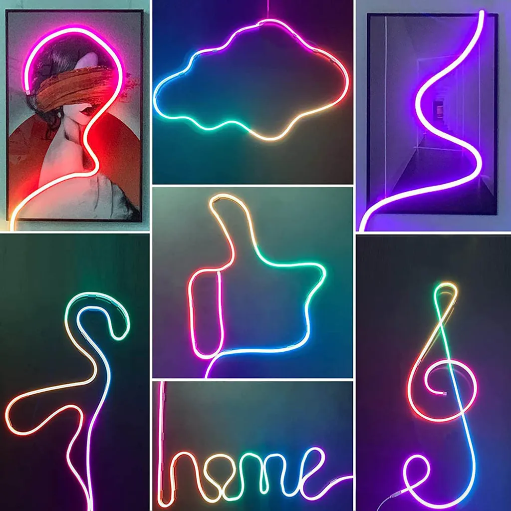 Collage aus Neonlichtern: Frau mit Augenbinde, Wolke, Flur, Daumen hoch, Flamingo, Musiknote, "home".