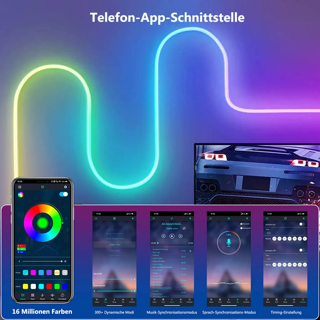 Telefon-App mit Farbkreis, Musik- und Sprachsteuerung, neben einem Auto.