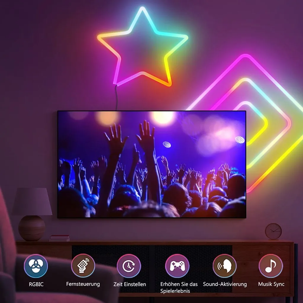 Ein Stern- und Quadrat-Neonlicht über einem Fernseher mit jubelndem Publikum.