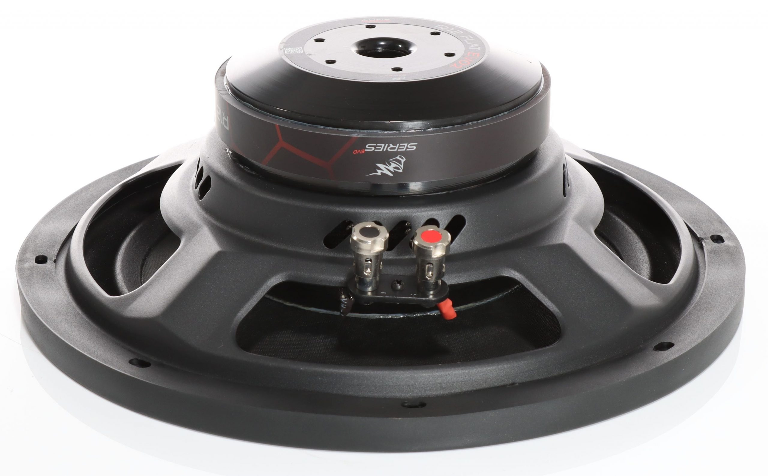 Schwarzer Subwoofer mit silbernen Anschlüssen und roten Akzenten auf weißem Grund.