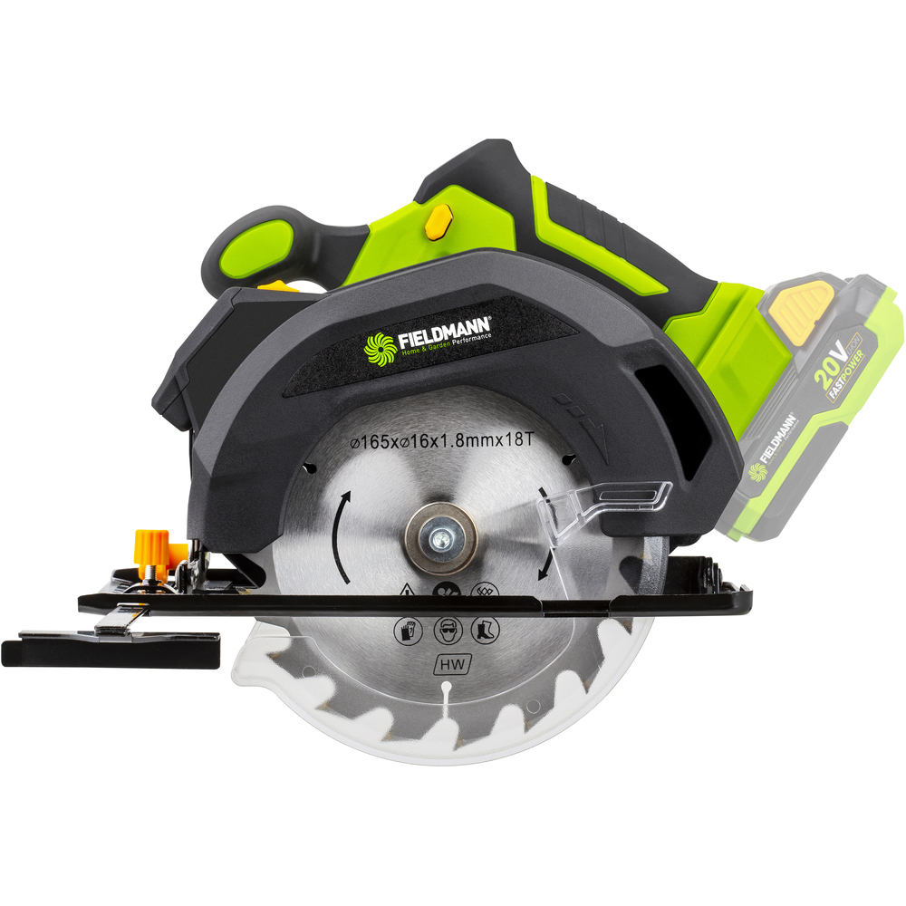 Czarno-zielona akumulatorowa piła tarczowa 20V, zbliżenie.