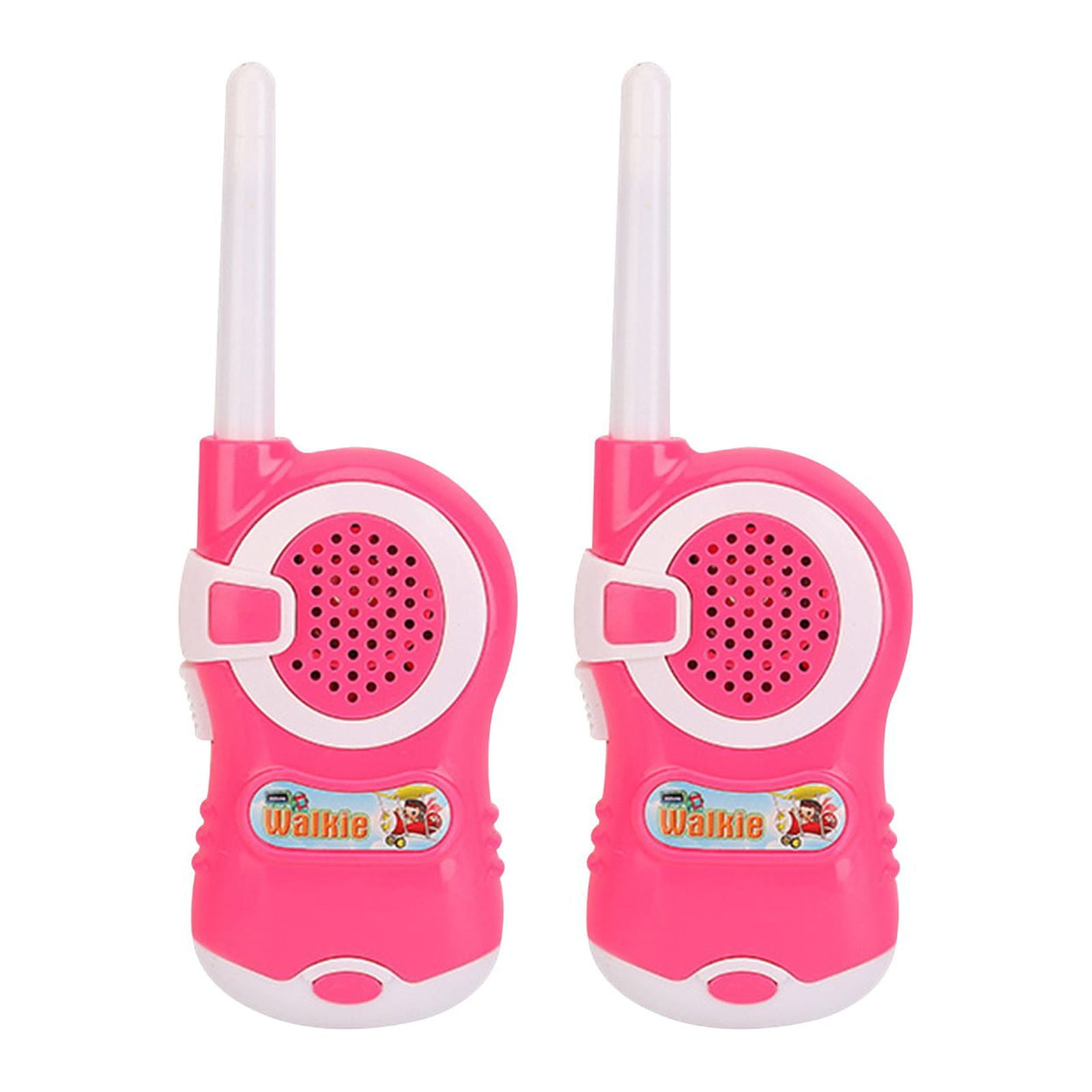 Zwei pinke Spielzeug-Walkie-Talkies mit weißen Antennen auf weißem Hintergrund.