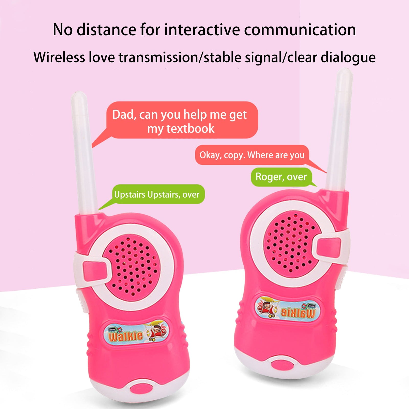 Zwei pinke Spielzeug-Walkie-Talkies mit Sprechblasen.