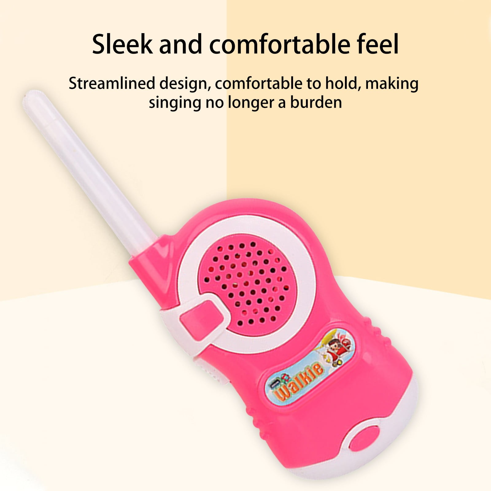 Ein rosafarbener Spielzeug-Walkie-Talkie mit weißem Antennenteil und Lautsprecher.