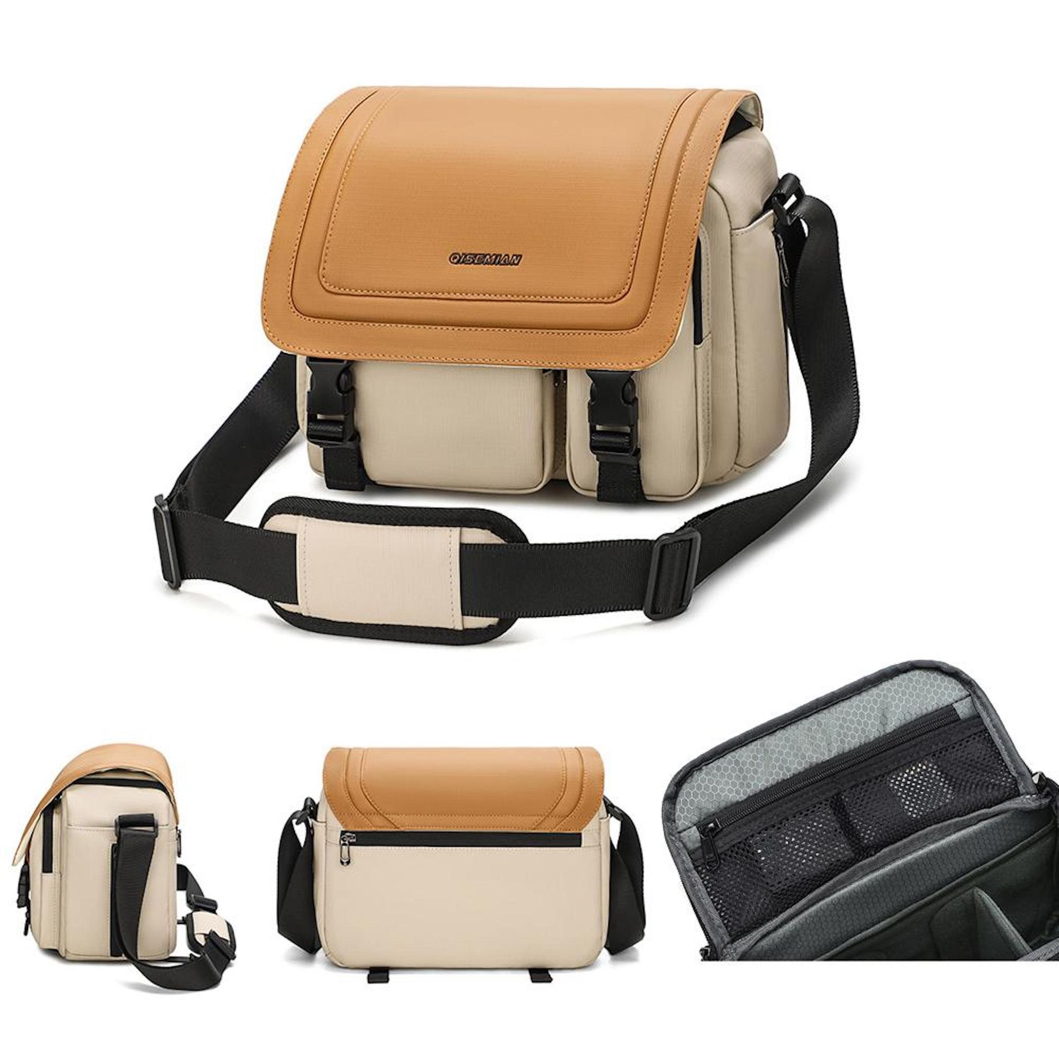 Eine beige und braune Umhängetasche mit schwarzem Gurt und Schnallen.