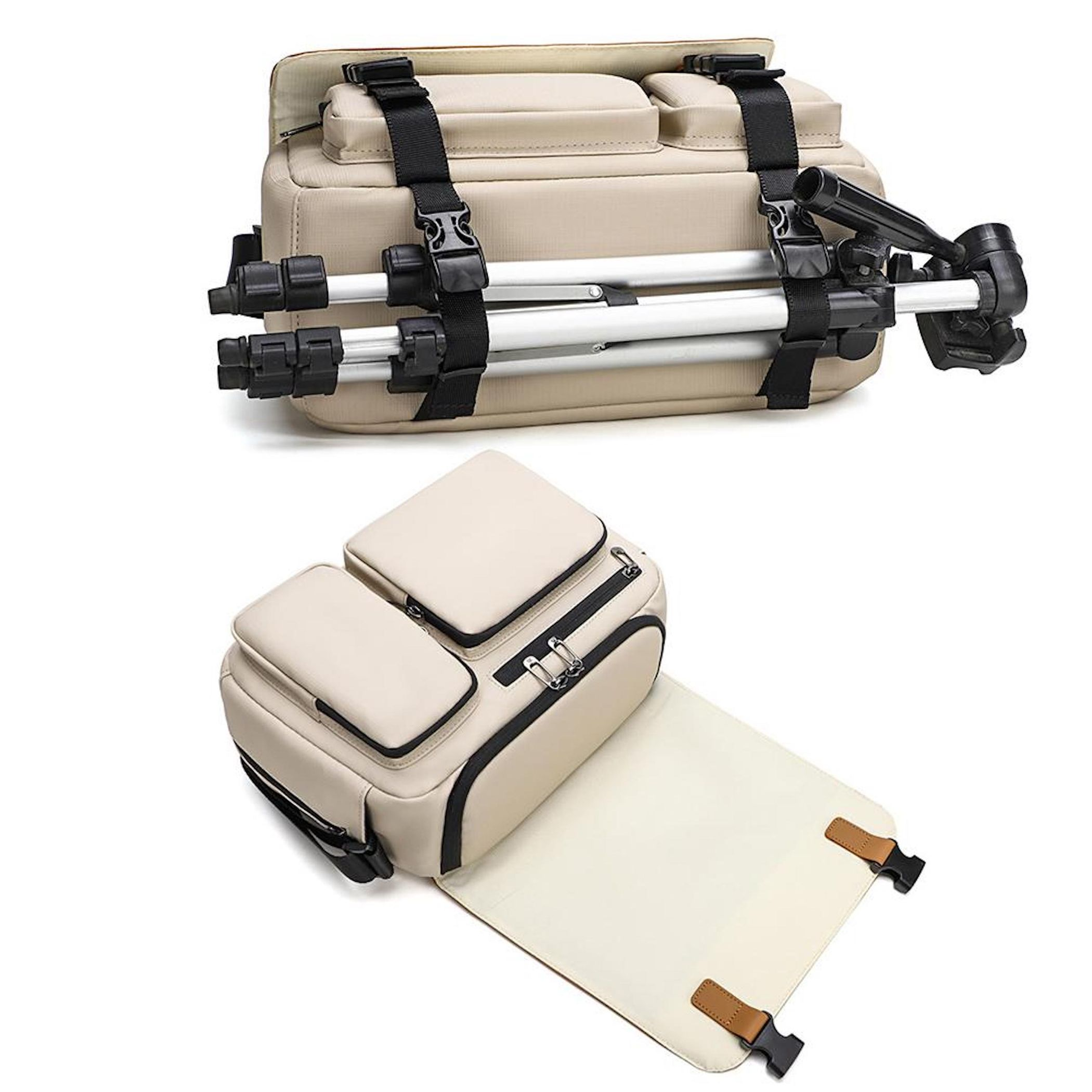 Beige Tasche mit Stativ. Eine Klappe ist geöffnet und zeigt das Innere.