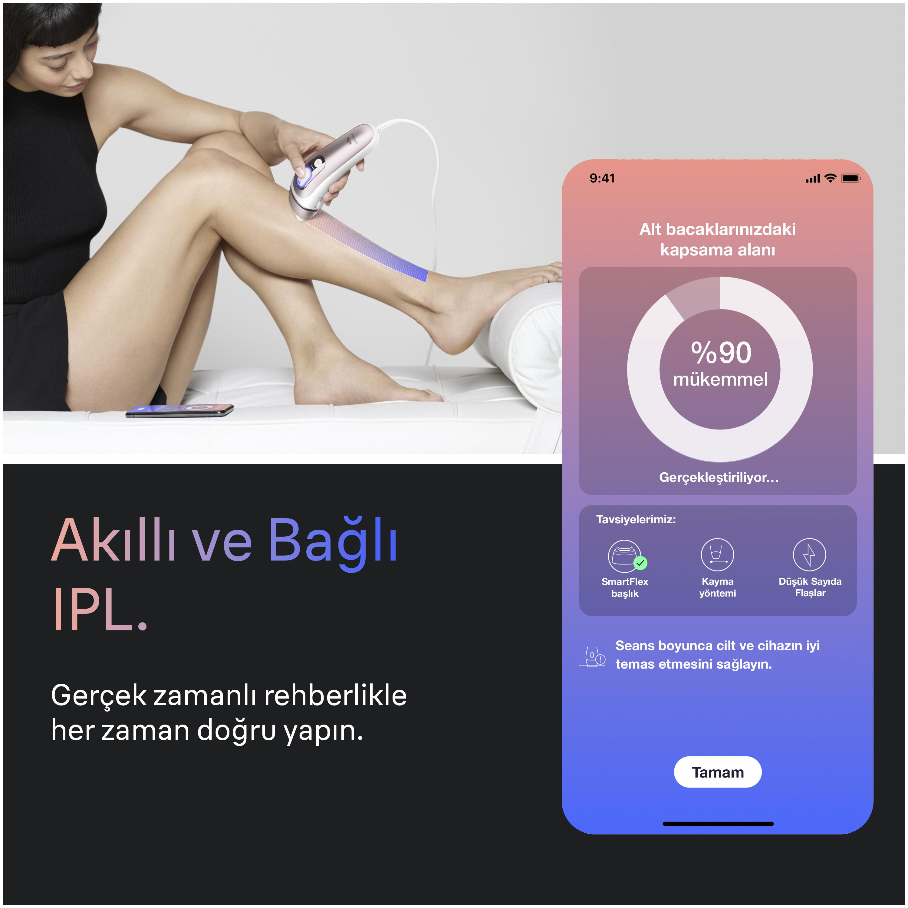 Eine Frau benutzt ein IPL-Gerät am Bein; ein Handy zeigt 90% Abdeckung.
