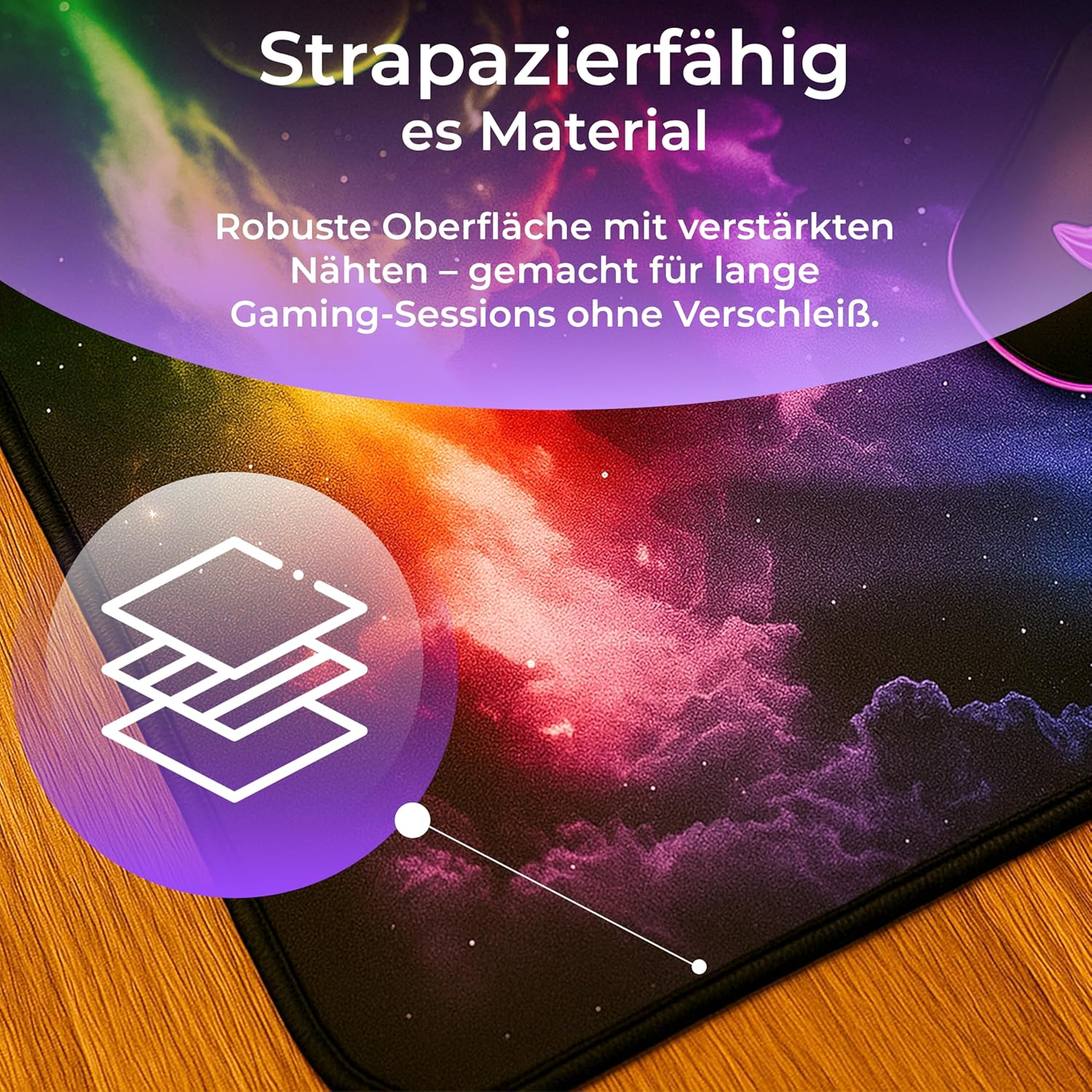 Robustes Gaming-Mauspad mit Sternenmuster und Schichten-Symbol.
