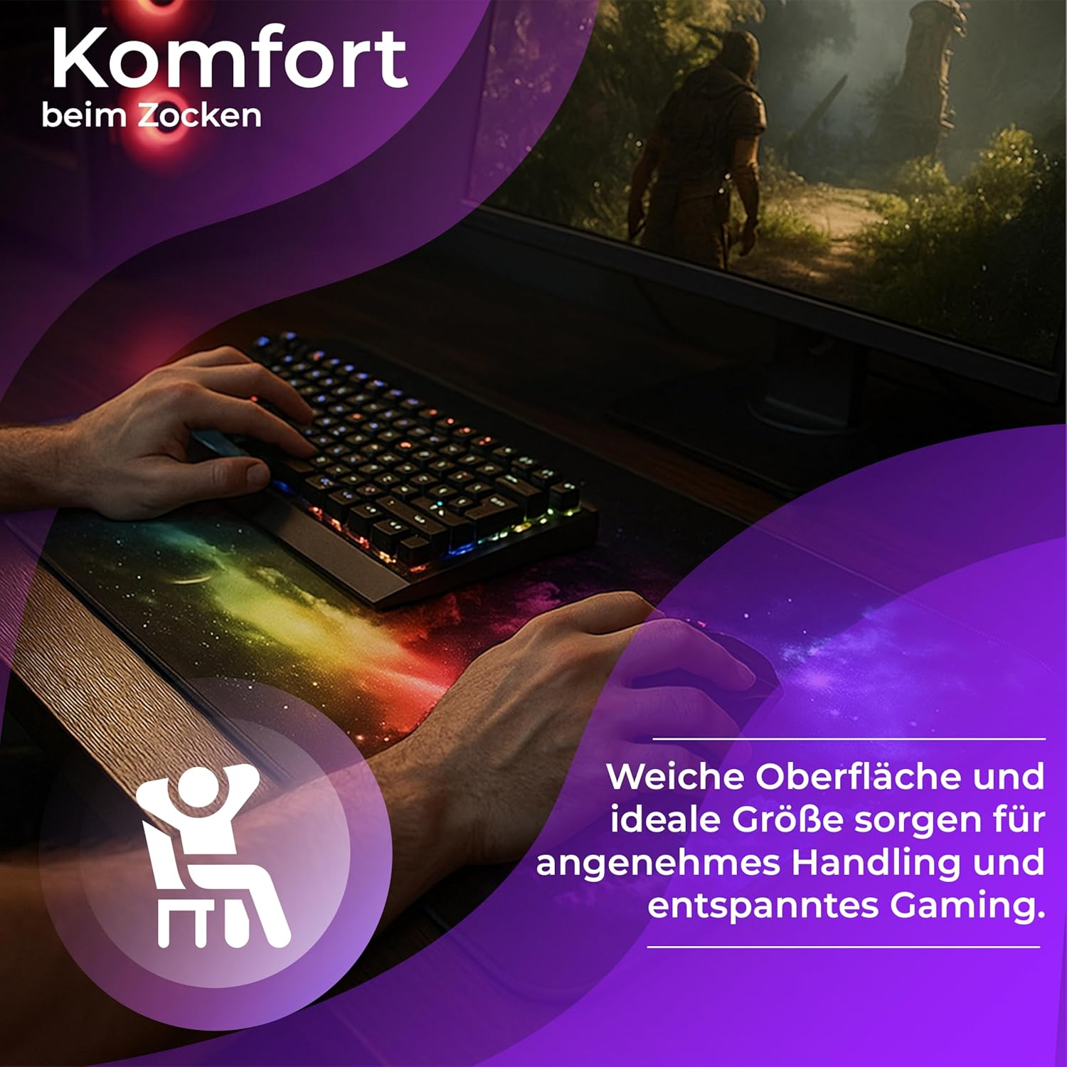 Person spielt Videospiel mit Tastatur und Maus auf einem Schreibtisch.