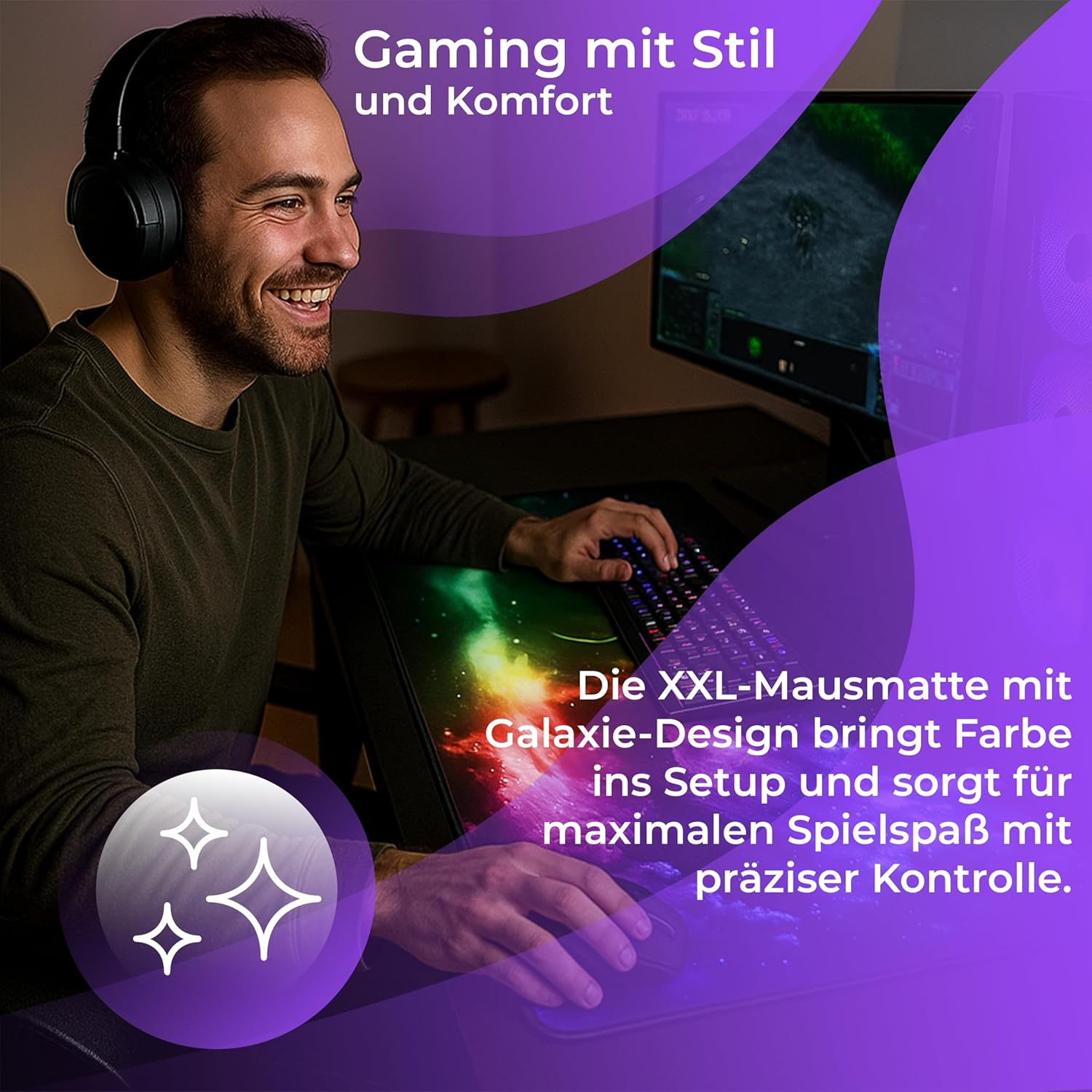 Mann mit Kopfhörern spielt Videospiel auf einem großen Monitor mit Galaxie-Mauspad.