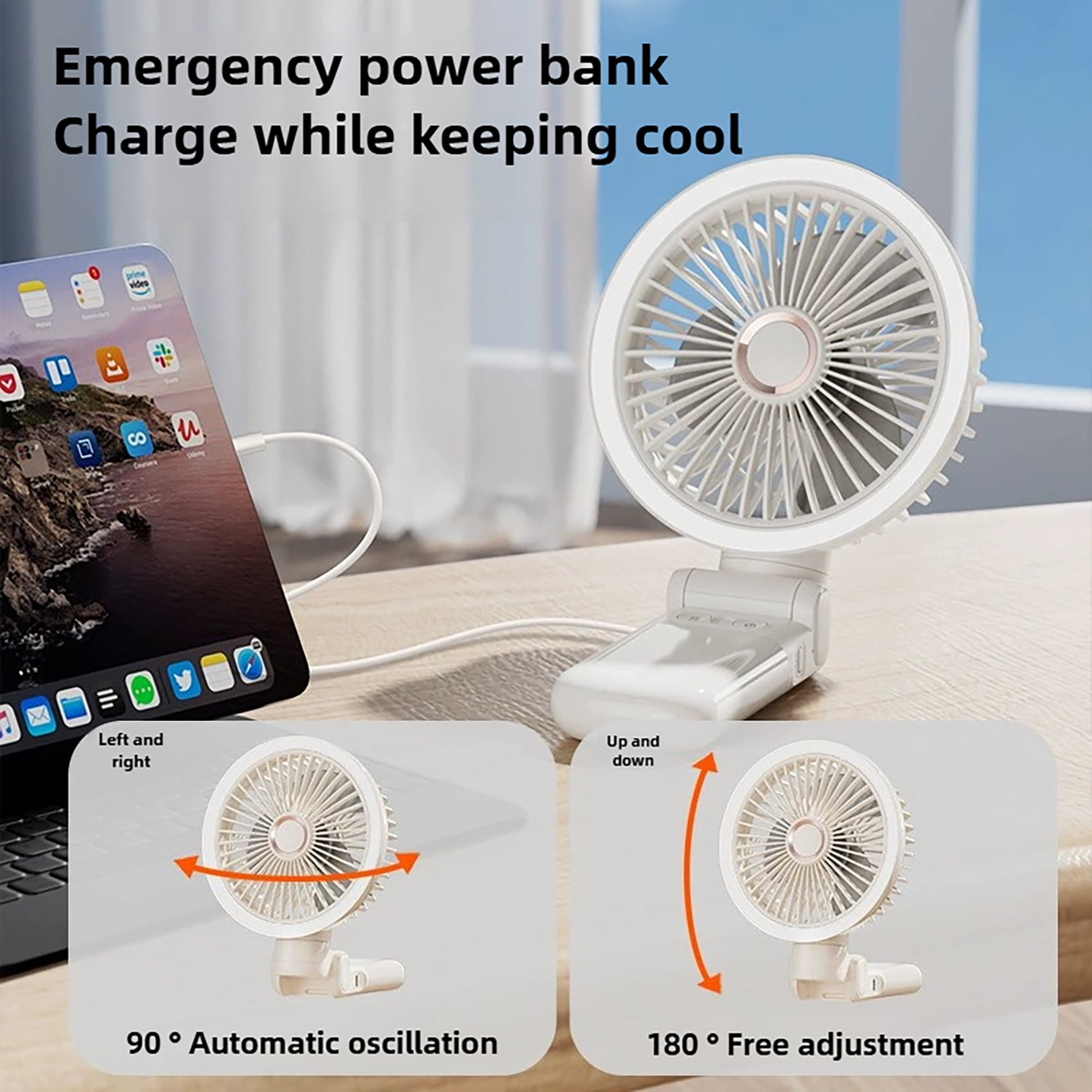 Ein weißer tragbarer Ventilator und eine Powerbank laden ein Tablet auf. Der Ventilator oszilliert und verstellt sich.