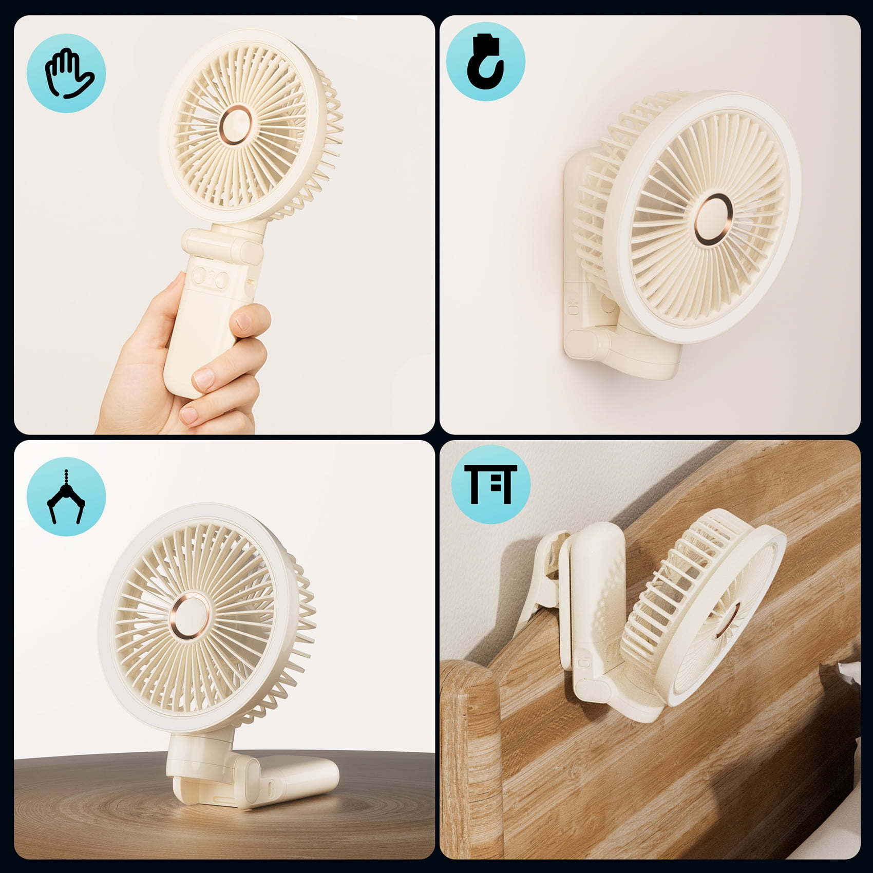 Ein beigefarbener Ventilator wird in vier Modi gezeigt: von Hand gehalten, an einer Wand, auf einem Tisch und an einem Bettgestell befestigt.