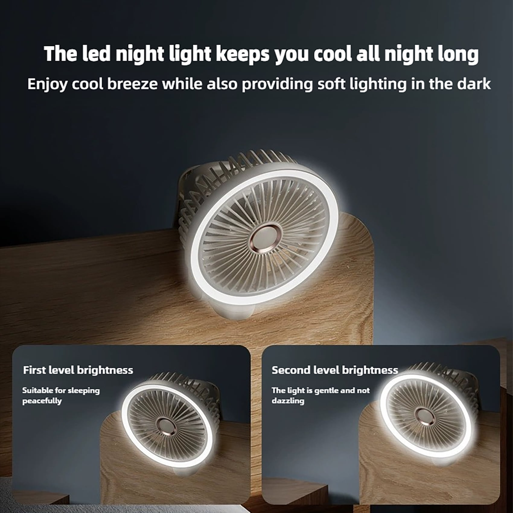 Ein weißer Ventilator mit LED-Ringlicht auf Holzoberfläche, mit Text über Helligkeitsstufen.