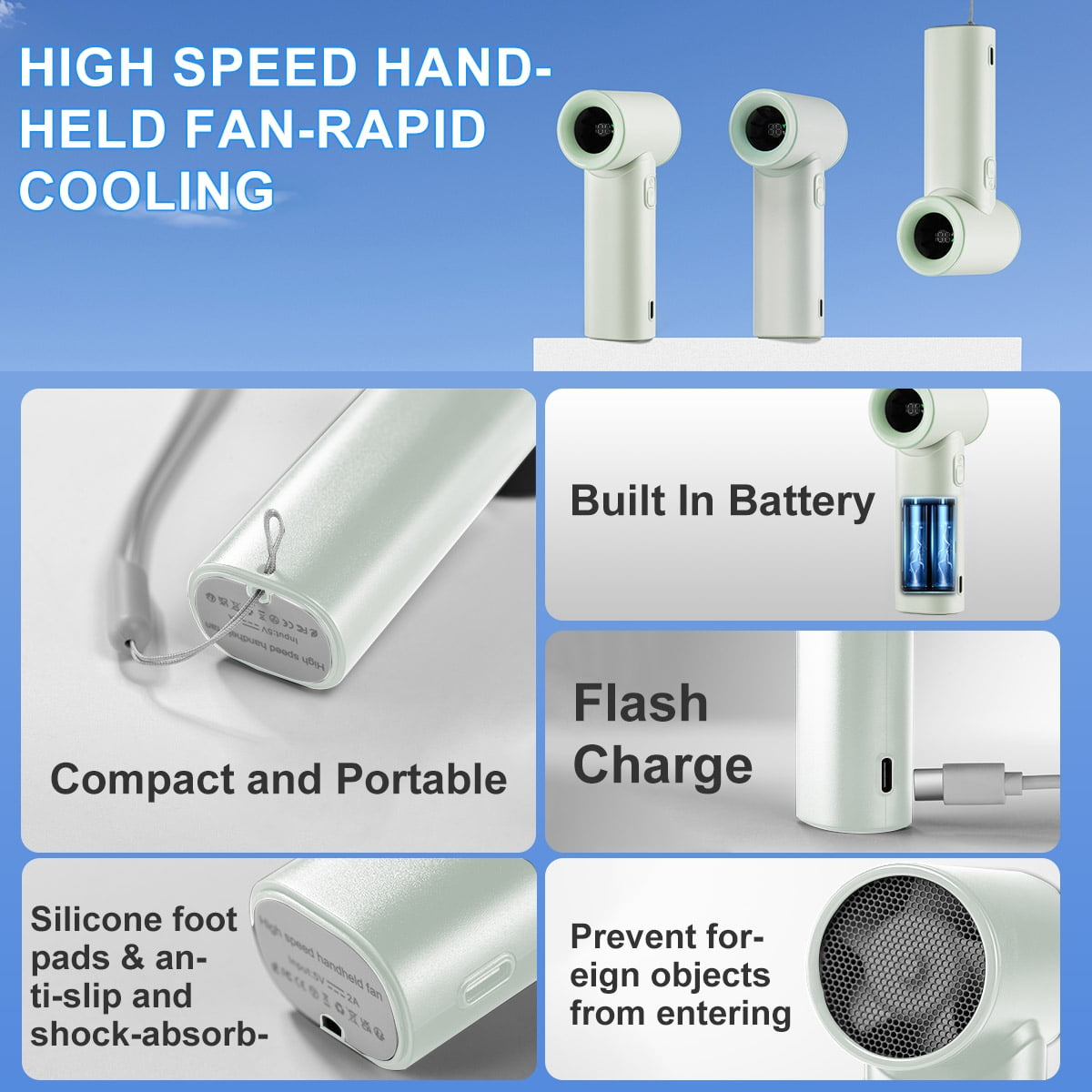 Ein hellgrüner Handventilator mit Funktionen wie eingebauter Batterie, Schnellladung und Schutzgitter.