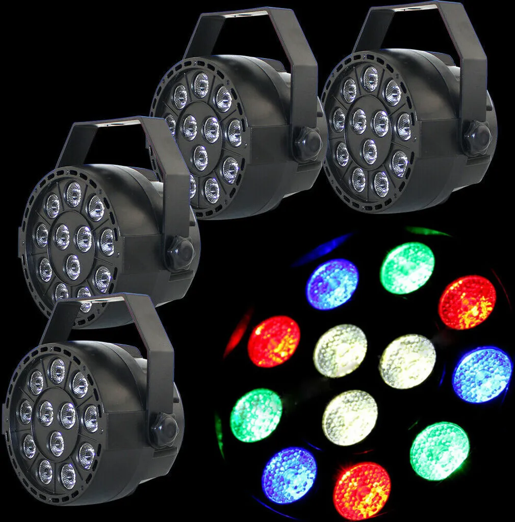 Vier schwarze LED-Scheinwerfer mit Griffen und vorne Leuchten, daneben ein Kreis bunter Lichter.