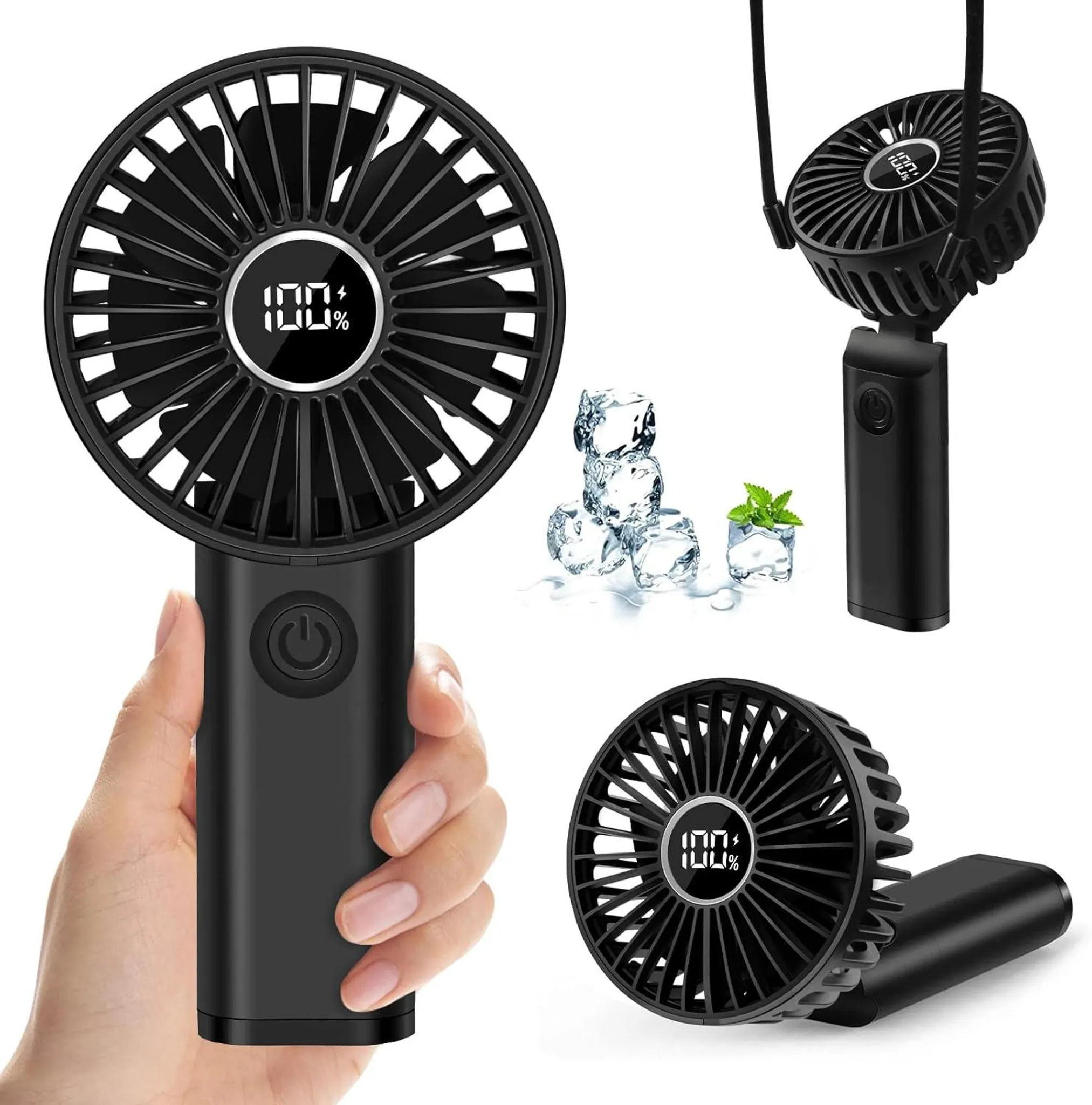 Schwarzer tragbarer Ventilator mit 100% Anzeige, Eiswürfeln und Minze.