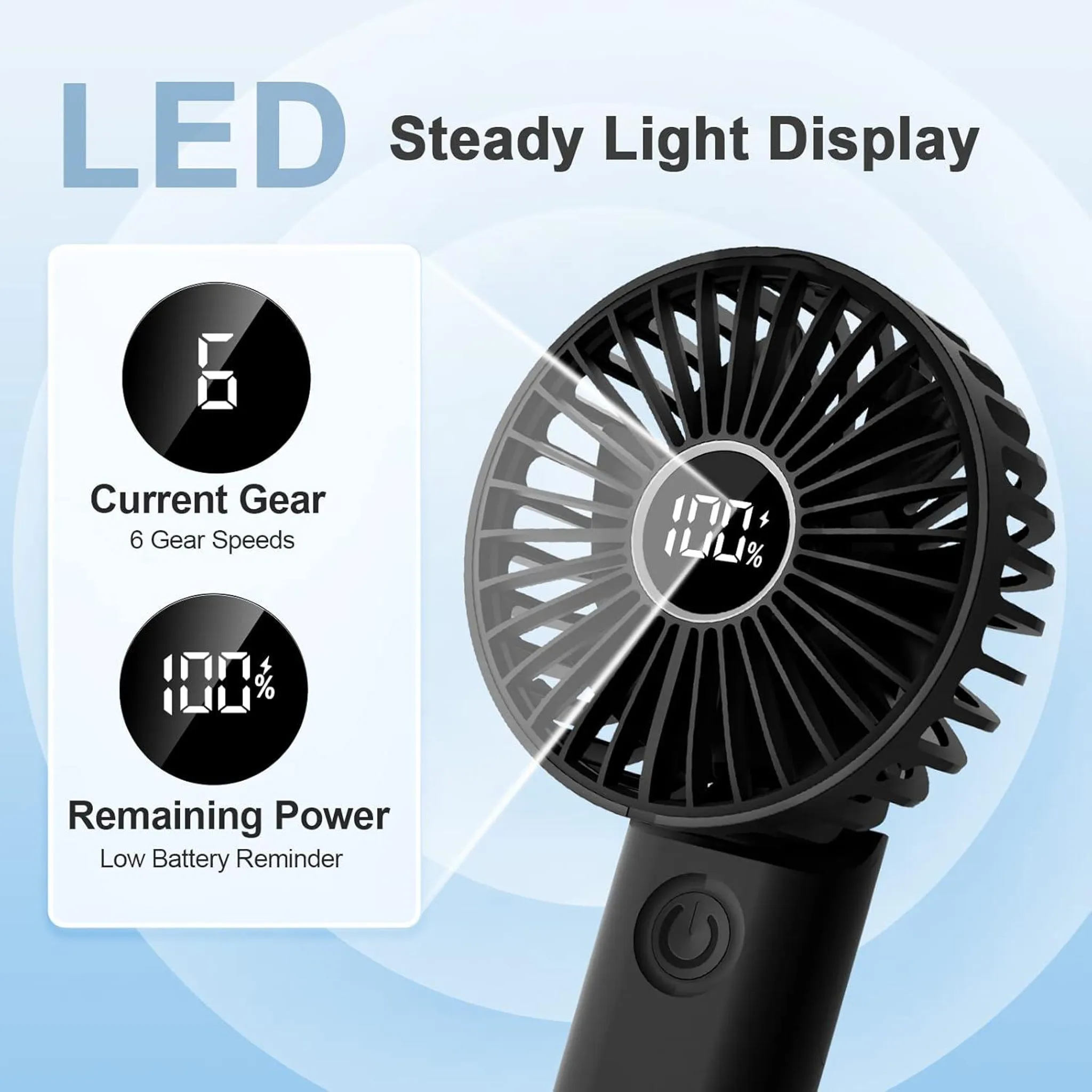 Schwarzer Ventilator mit LED-Anzeige für Gang und Akku.