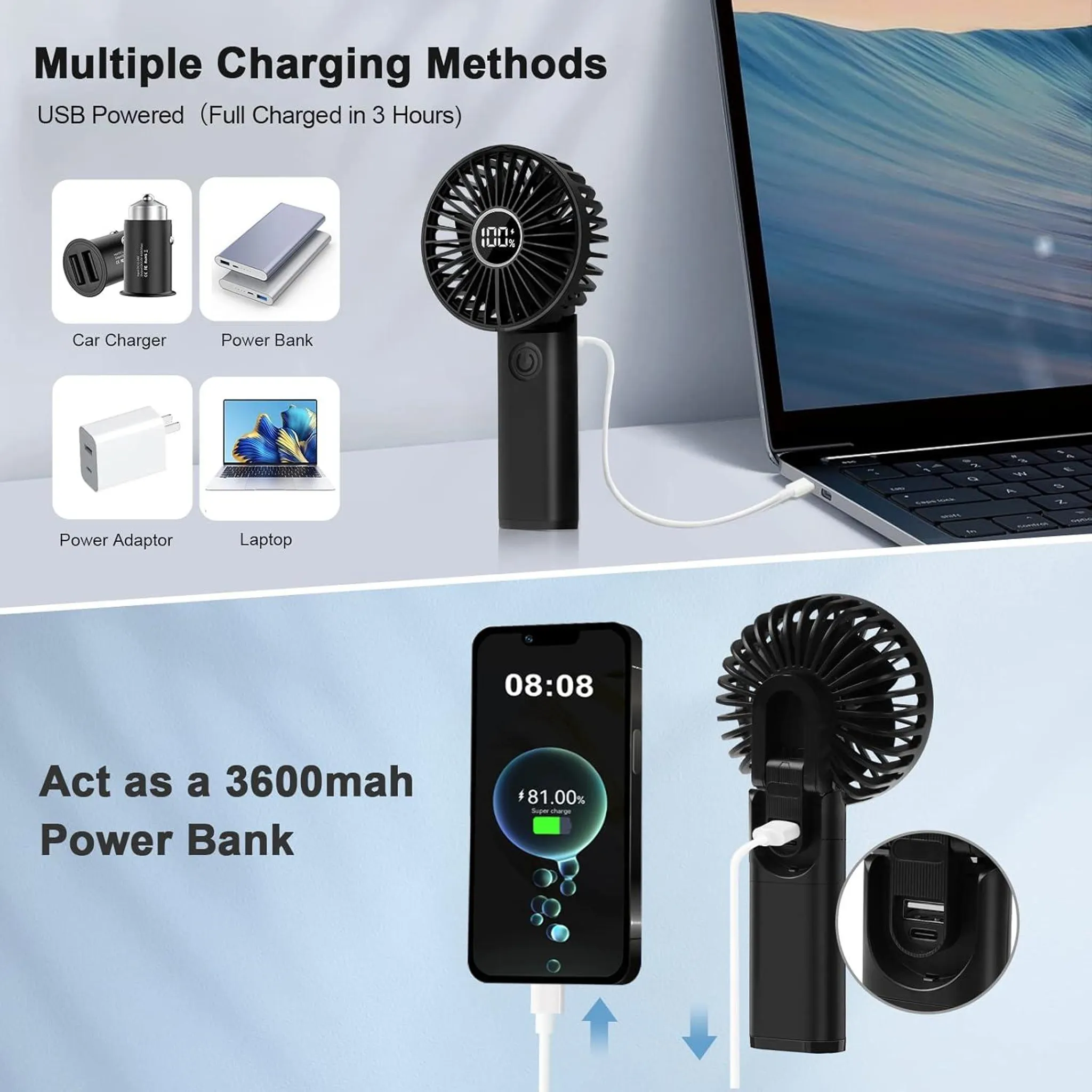 Schwarzer Ventilator und Smartphone laden über USB-Anschlüsse, verschiedene Lademethoden.