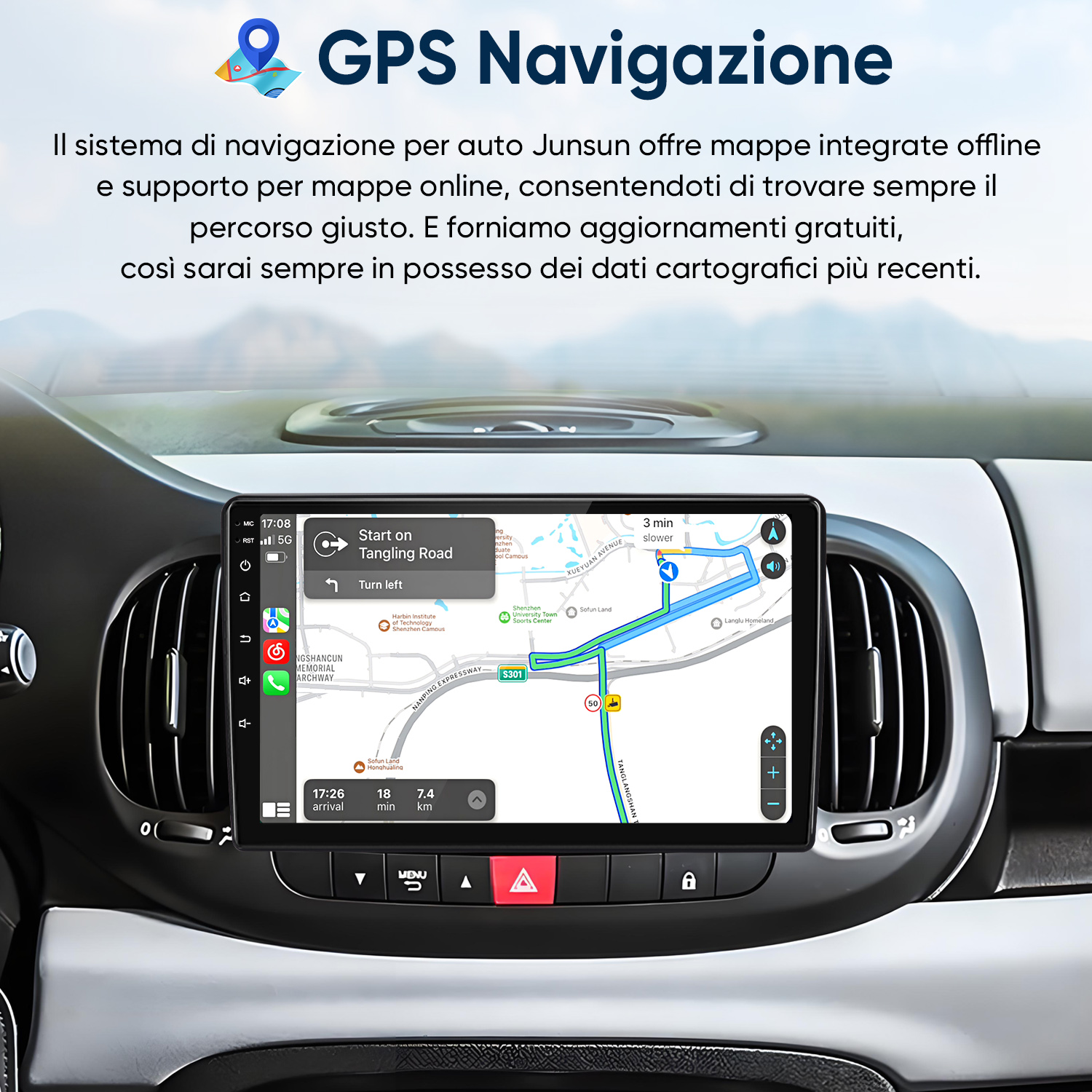 Un sistema di navigazione GPS per auto mostra un percorso. Lo schermo visualizza informazioni sul traffico.
