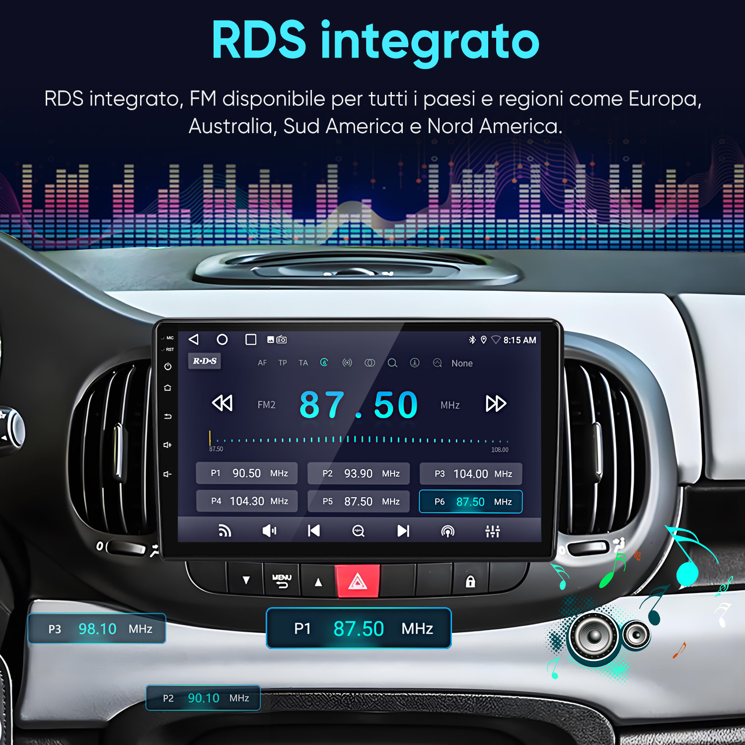 Un display per autoradio mostra informazioni RDS con frequenze e stazioni.
