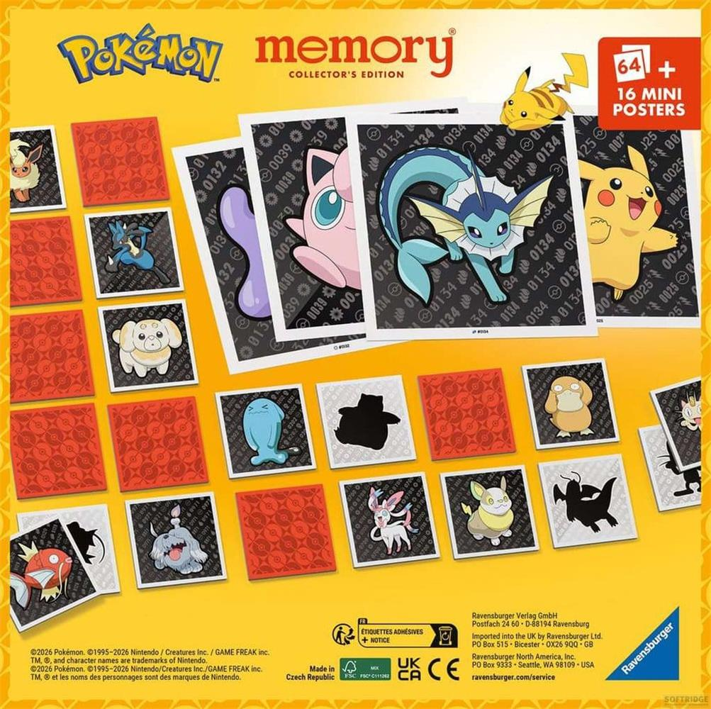Jeu de mémoire Pokémon avec posters et personnages sur fond jaune.