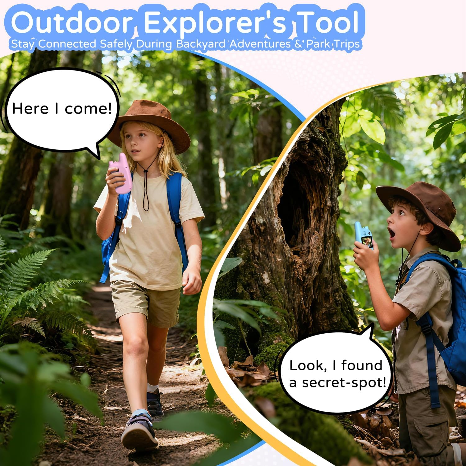 Zwei Kinder im Wald mit Walkie-Talkies, eins ruft: Hier komme ich!