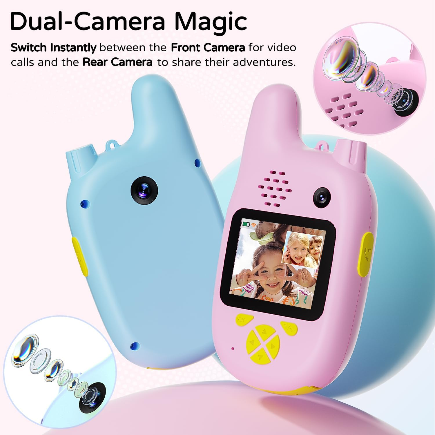 Zwei pinke und blaue Walkie-Talkies mit Kameras und Bildschirmen. Ein Bildschirm zeigt Kinder.