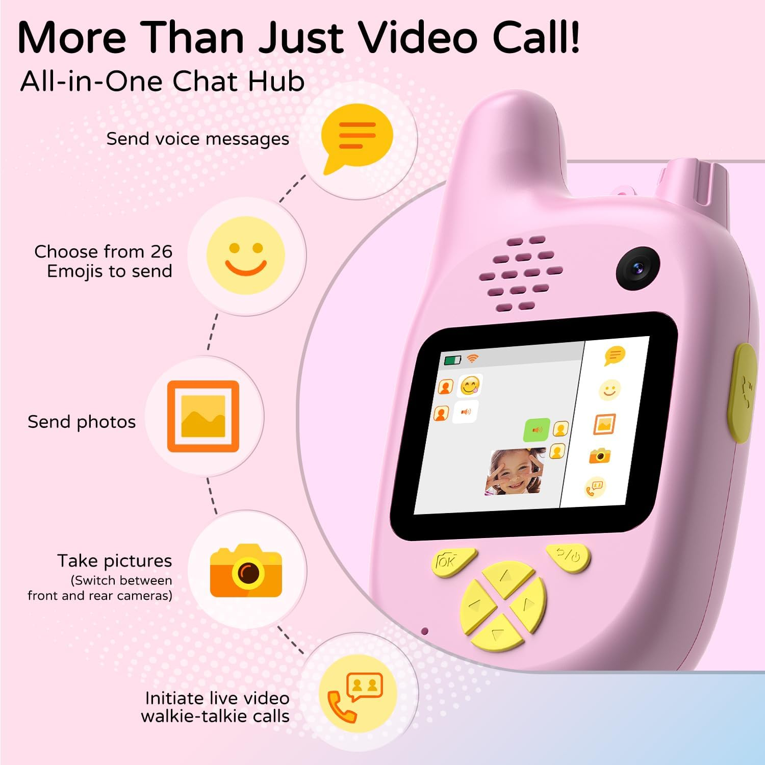 Ein pinkes Walkie-Talkie zeigt Funktionen wie Emoji, Foto und Videoanrufe.