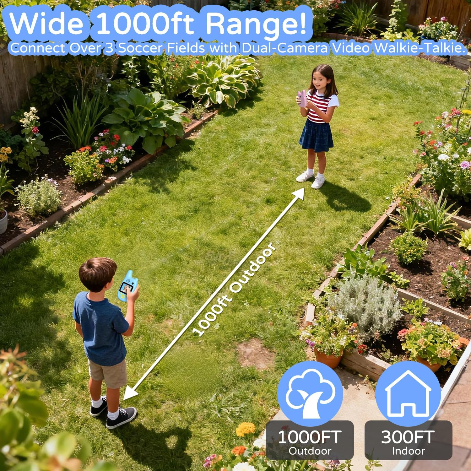 Junge und Mädchen im Garten mit Walkie-Talkies, die eine Reichweite von 304 m im Freien zeigen.