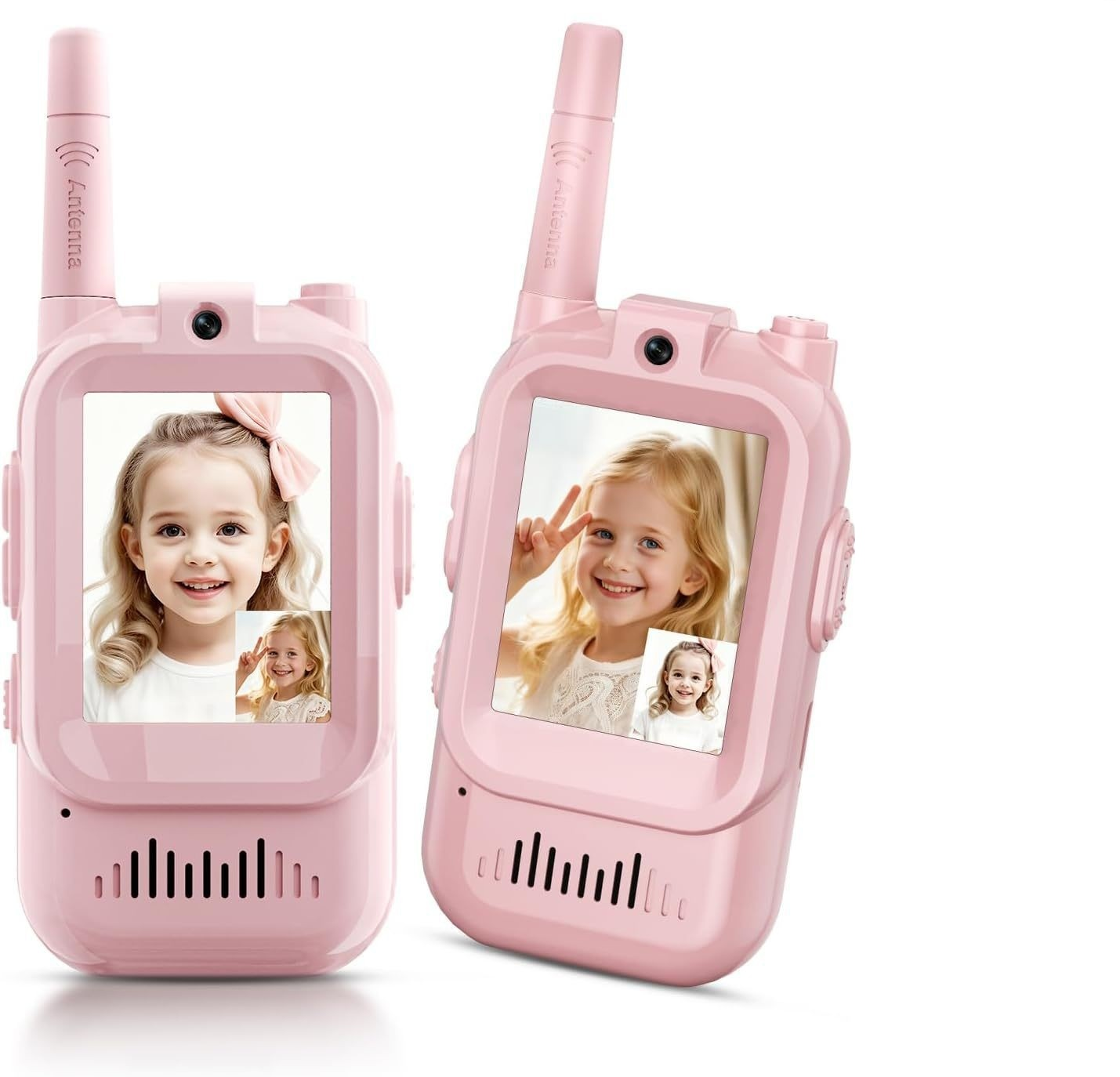 Zwei rosa Walkie-Talkies mit Bildschirmen, die lächelnde Mädchen zeigen.