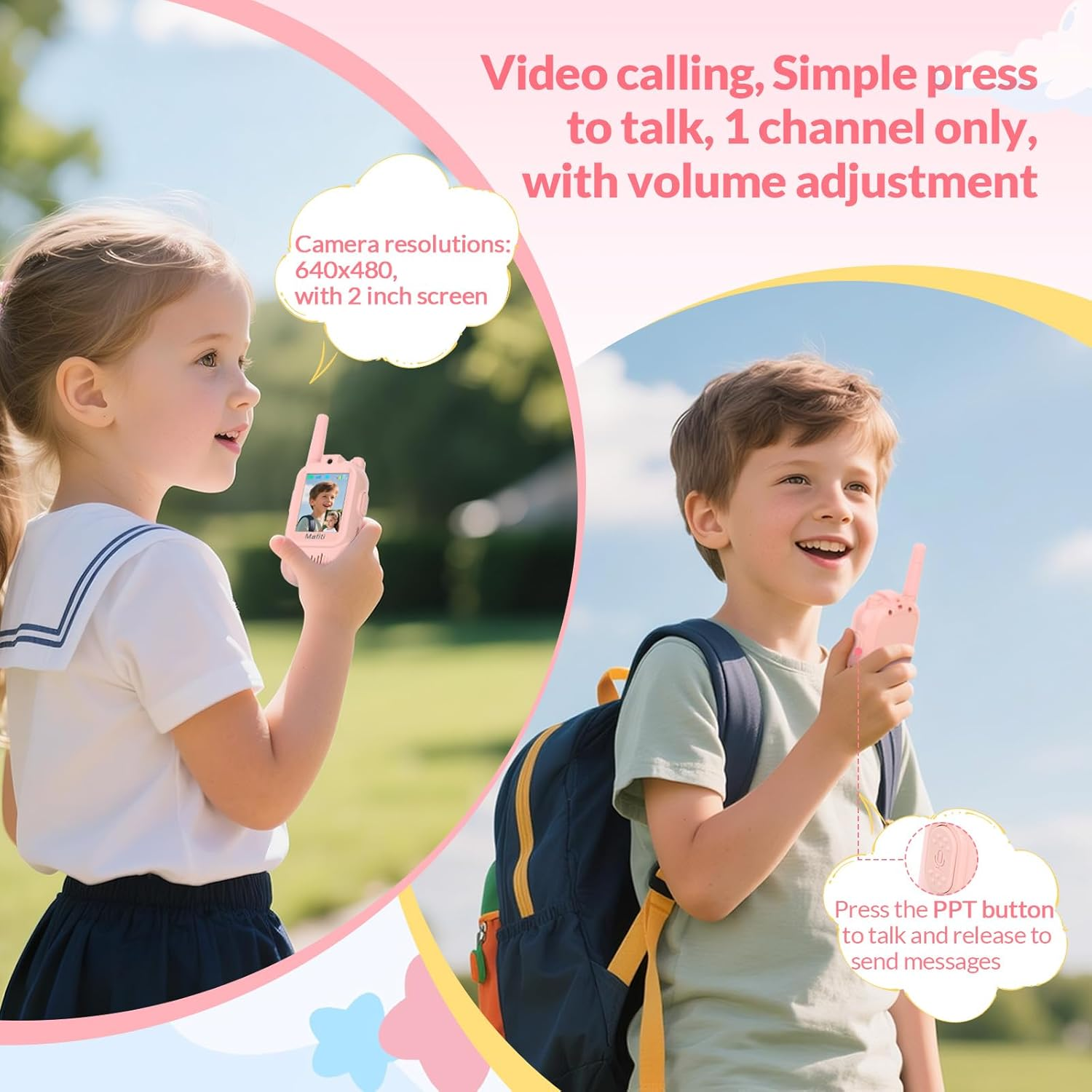 Zwei Kinder mit Walkie-Talkies im Freien. Mädchen links, Junge rechts.