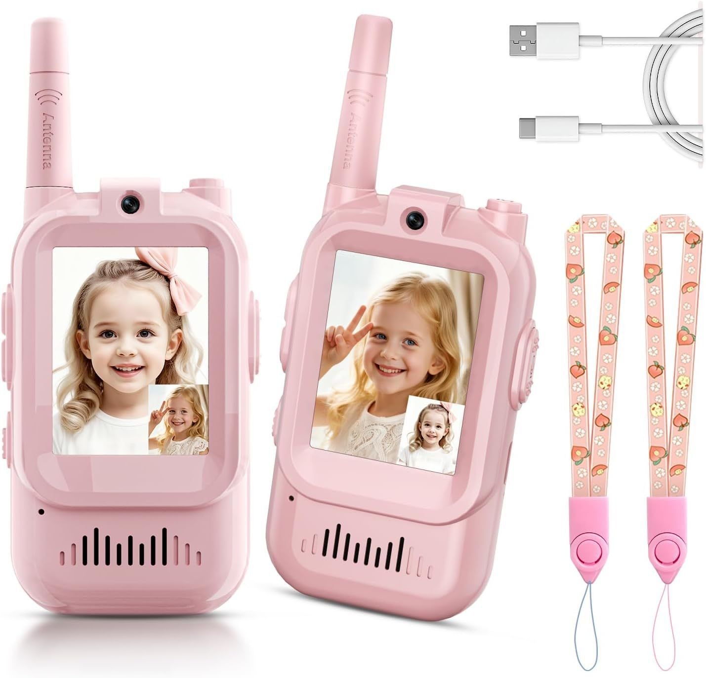 Zwei rosa Walkie-Talkies für Kinder mit Bildschirmen, die lachende Mädchen zeigen, USB-Kabel und Lanyards.