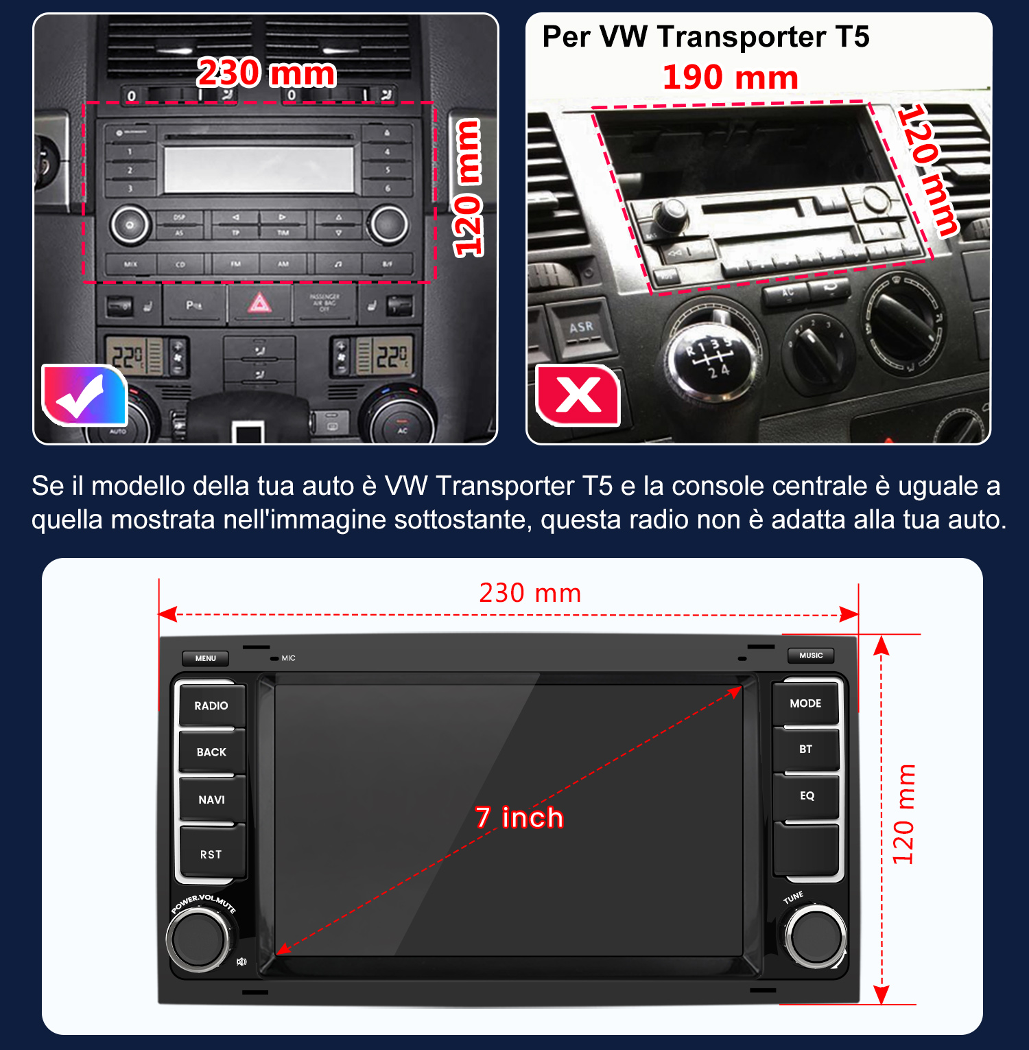 Autoradio con schermo da 7 pollici e pulsanti, dimensioni 230x120 mm.