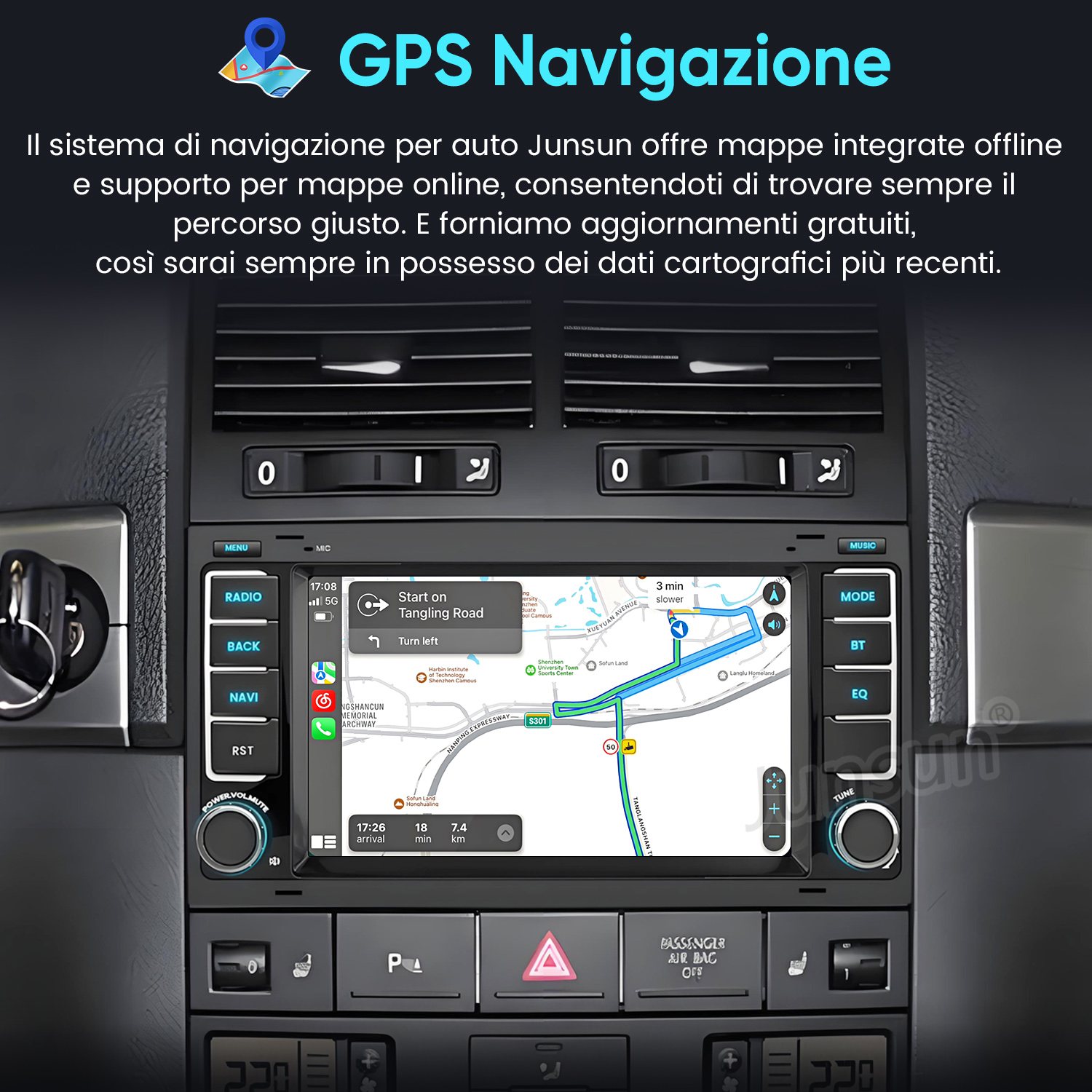 Sistema di navigazione GPS per auto con mappa e indicazioni stradali.
