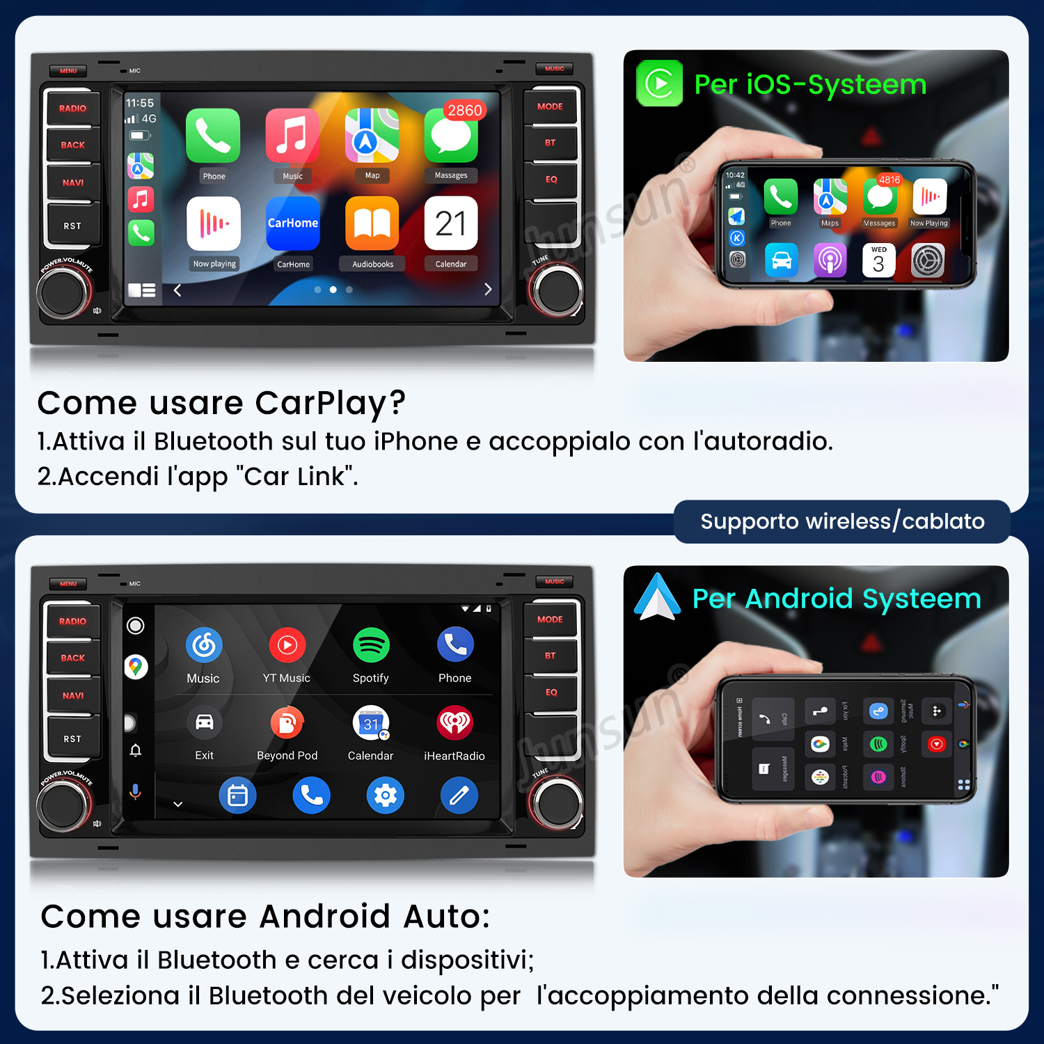 Due autoradio mostrano display smartphone per CarPlay e Android Auto.