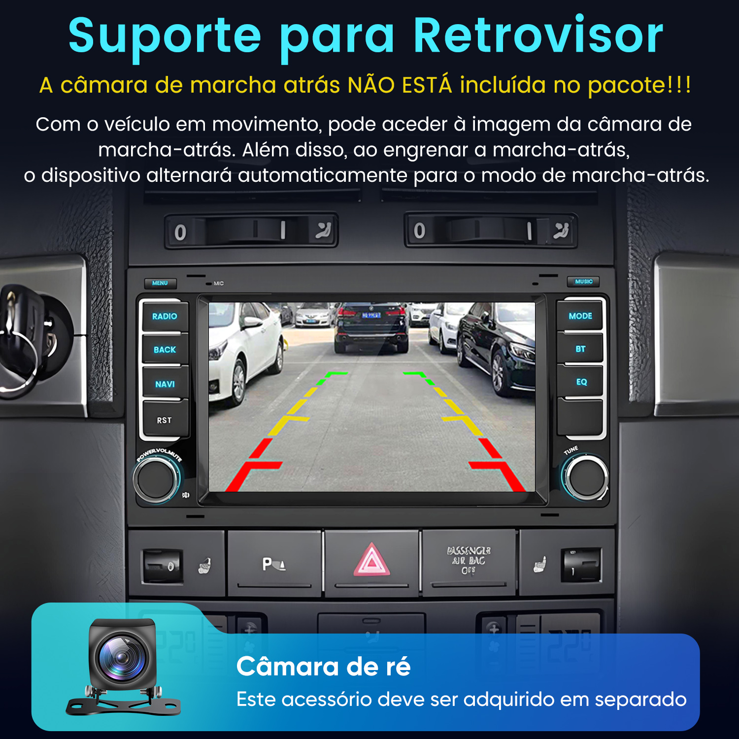 Display telecamera retromarcia auto nel cruscotto con testo.